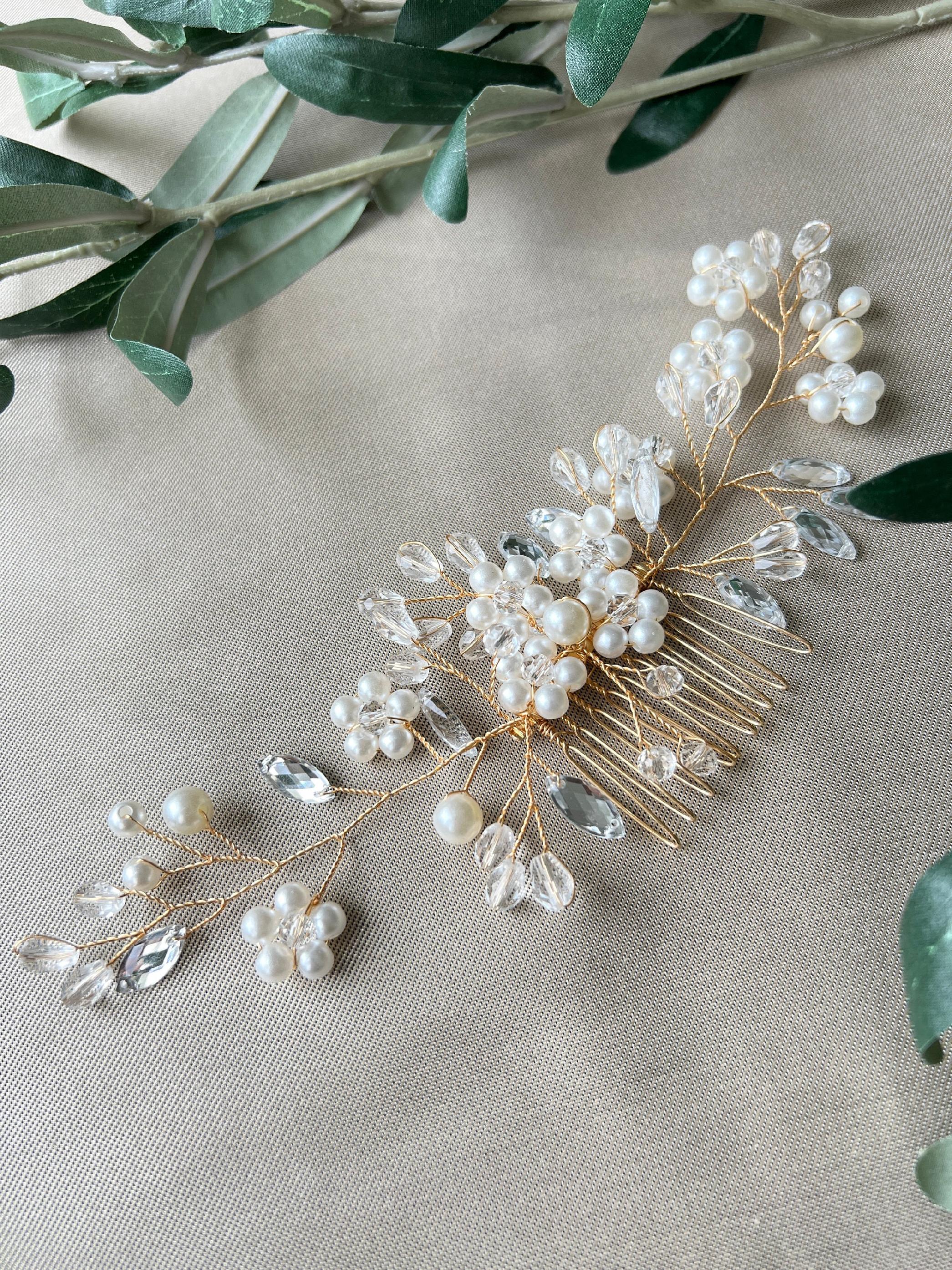 Brauthaarschmuck mit Perlen Blumen Haarkamm in gold-Brauthaarschmuck-Schmuckblüte