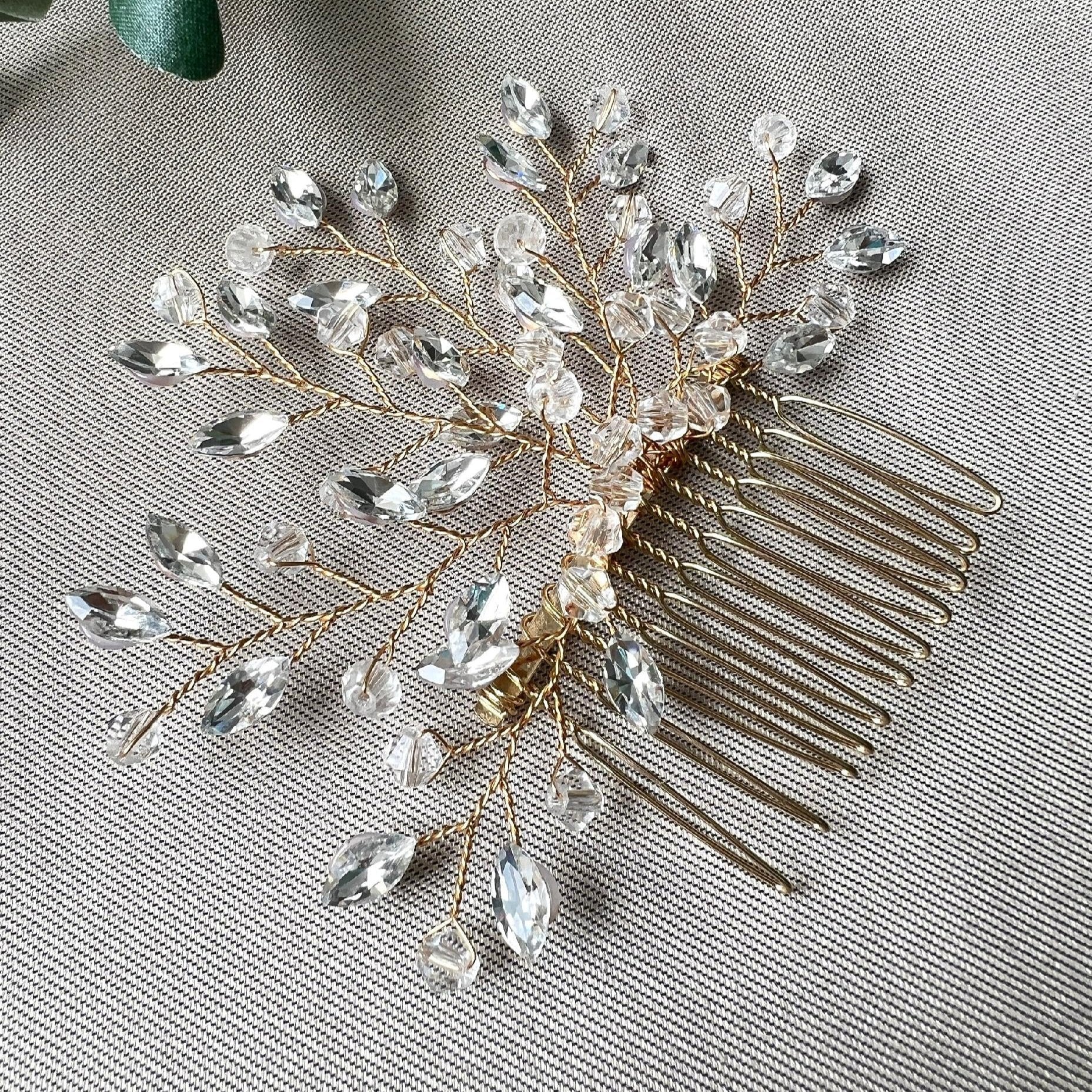 Brauthaarschmuck silber o. gold, Haarkamm gold, Haarkamm silber, Brautschmuck Hochzeitsschmuck Brautfrisur Juwelierdraht Hochzeit - Gold-Brauthaarschmuck-Schmuckblüte