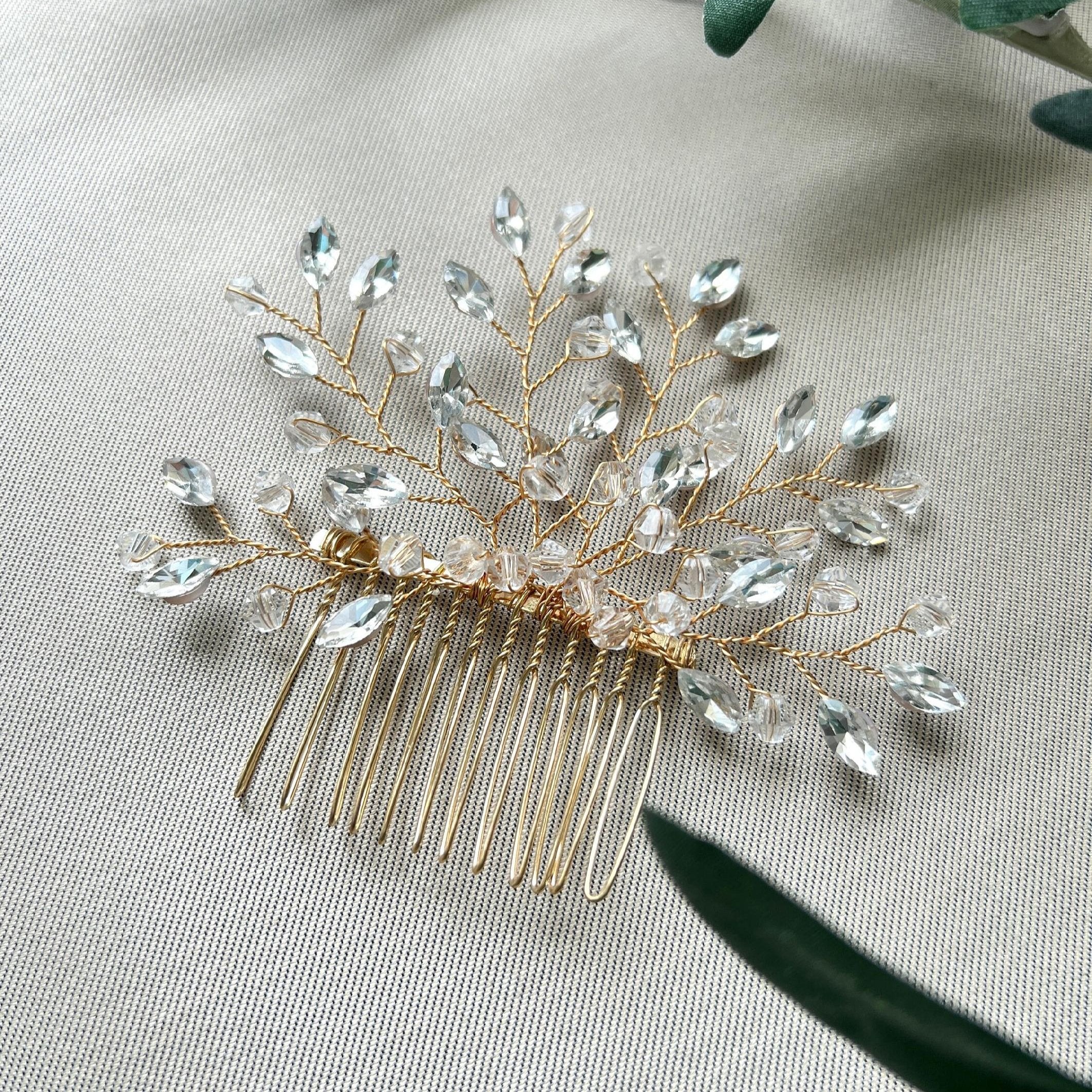 Brauthaarschmuck silber o. gold, Haarkamm gold, Haarkamm silber, Brautschmuck Hochzeitsschmuck Brautfrisur Juwelierdraht Hochzeit - Gold-Brauthaarschmuck-Schmuckblüte