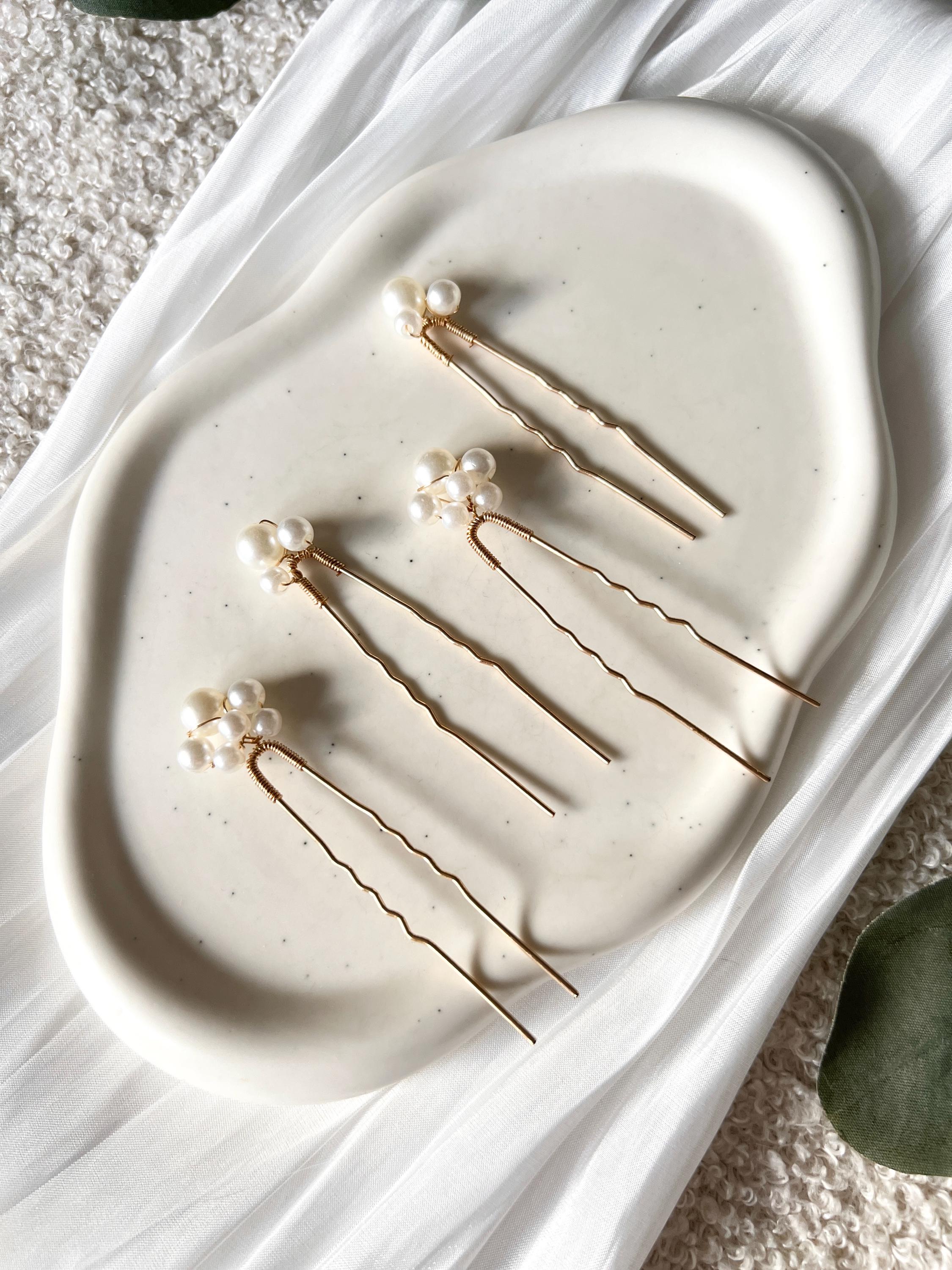 Braut Haarschmuck Set 4 Stück Haarspange gold mit weißen Perlen Haarnadeln Brautschmuck Hochzeitsschmuck Brautjungfer Trauzeugin Hochzeit