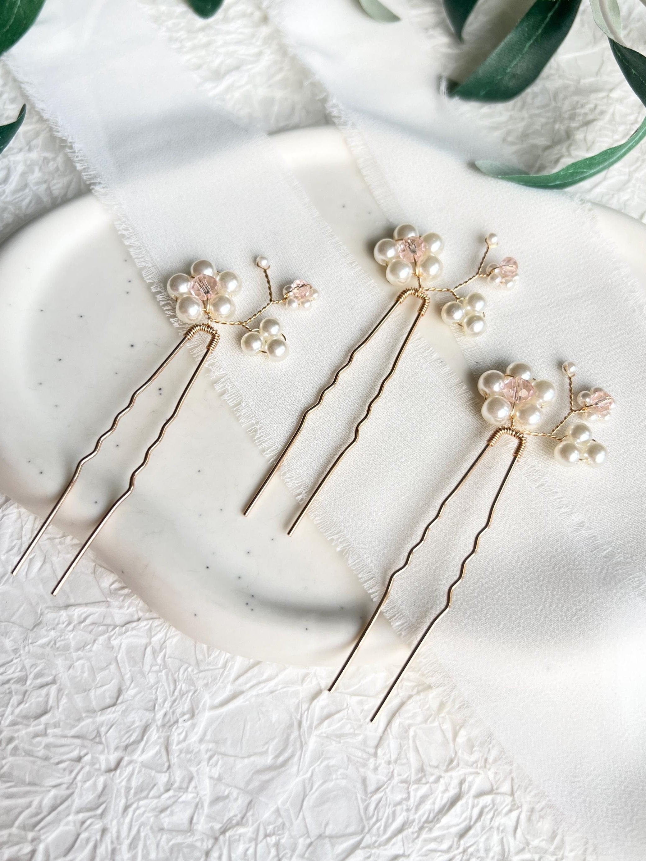 Haarnadeln, Gold, Set 3 Stück, Haarschmuck Blumen, Perlen rosa und weiß, Brautschmuck, Brautjungfer, Schmuck Braut, Hochzeit, Haarspange