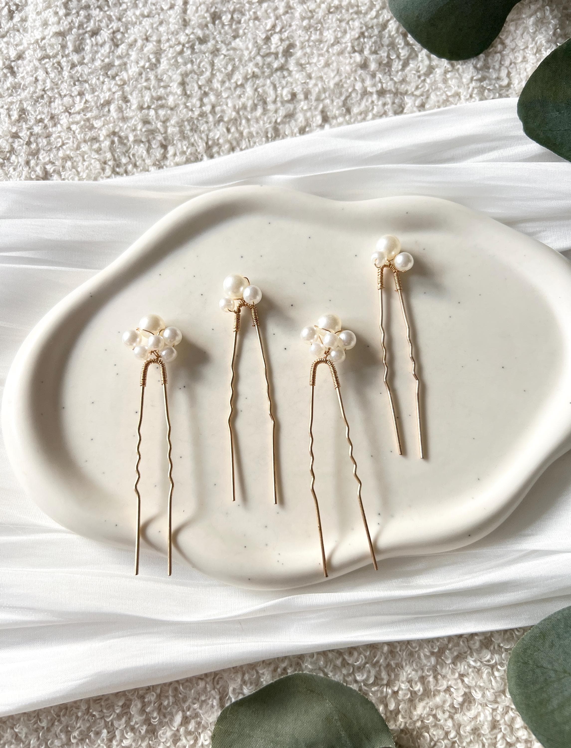 Braut Haarschmuck Set 4 Stück Haarspange gold mit weißen Perlen Haarnadeln Brautschmuck Hochzeitsschmuck Brautjungfer Trauzeugin Hochzeit