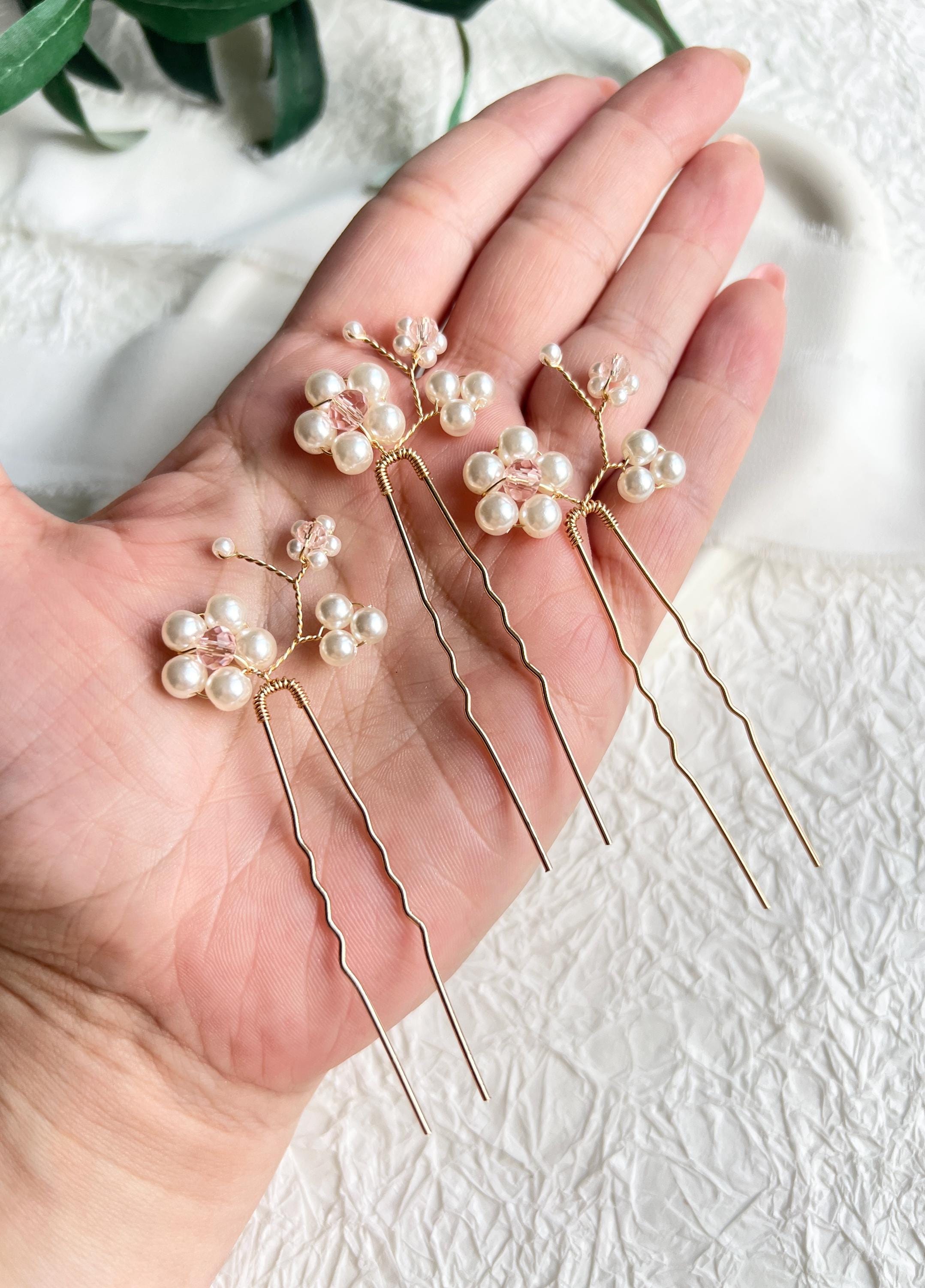 Haarnadeln, Gold, Set 3 Stück, Haarschmuck Blumen, Perlen rosa und weiß, Brautschmuck, Brautjungfer, Schmuck Braut, Hochzeit, Haarspange