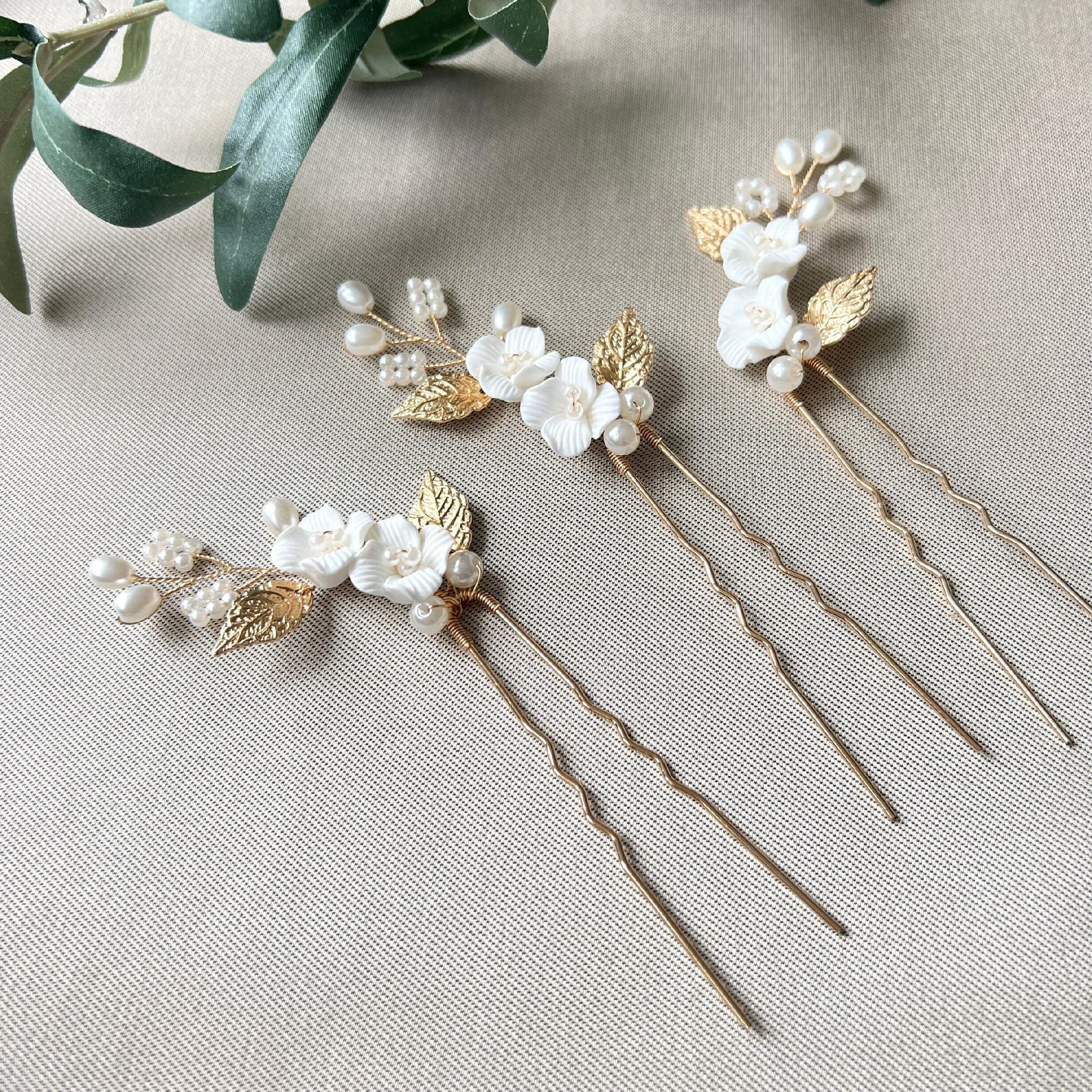 Haarspange Set 3 Stück Braut Gold mit weißen Perlen Blumen Blätter Brautschmuck Braut Haarschmuck-Brauthaarschmuck-Schmuckblüte