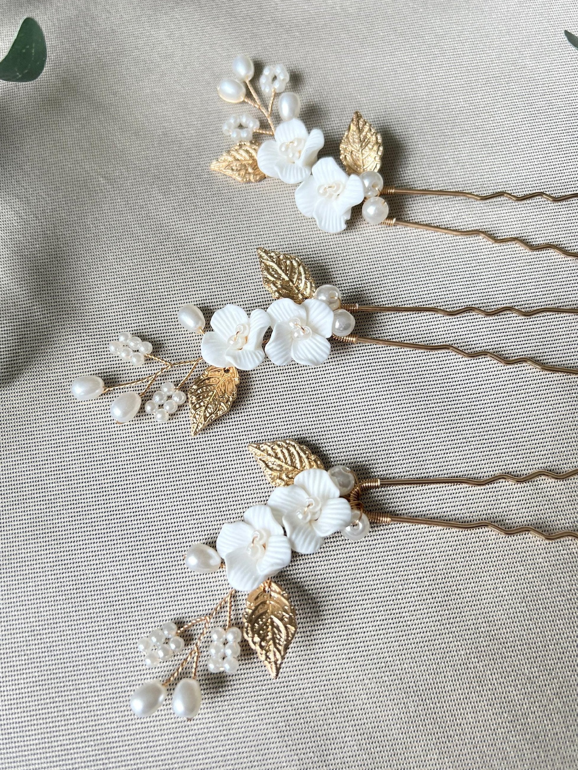Haarspange Set 3 Stück Braut Gold mit weißen Perlen Blumen Blätter Brautschmuck Braut Haarschmuck-Brauthaarschmuck-Schmuckblüte