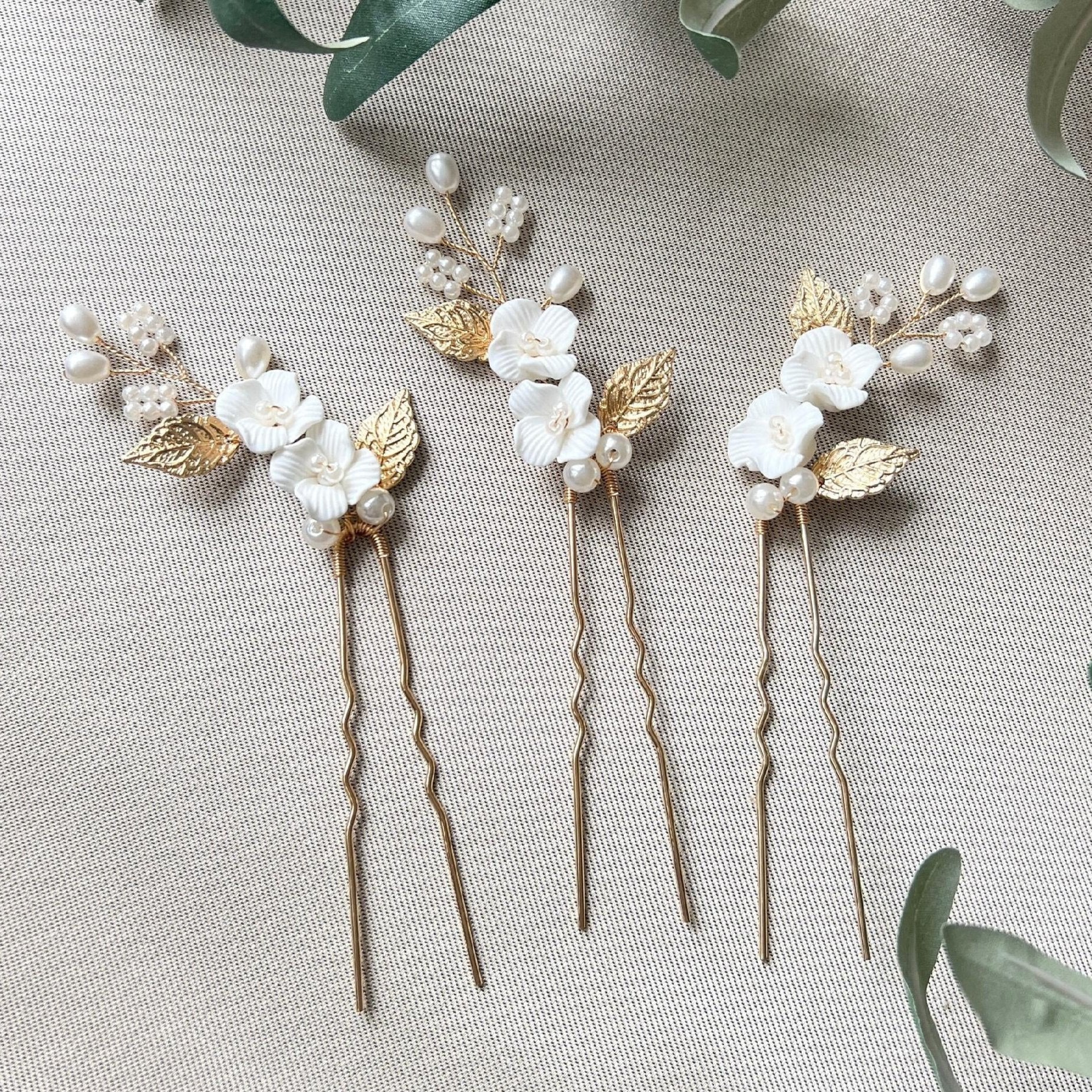 Haarspange Set 3 Stück Braut Gold mit weißen Perlen Blumen Blätter Brautschmuck Braut Haarschmuck-Brauthaarschmuck-Schmuckblüte