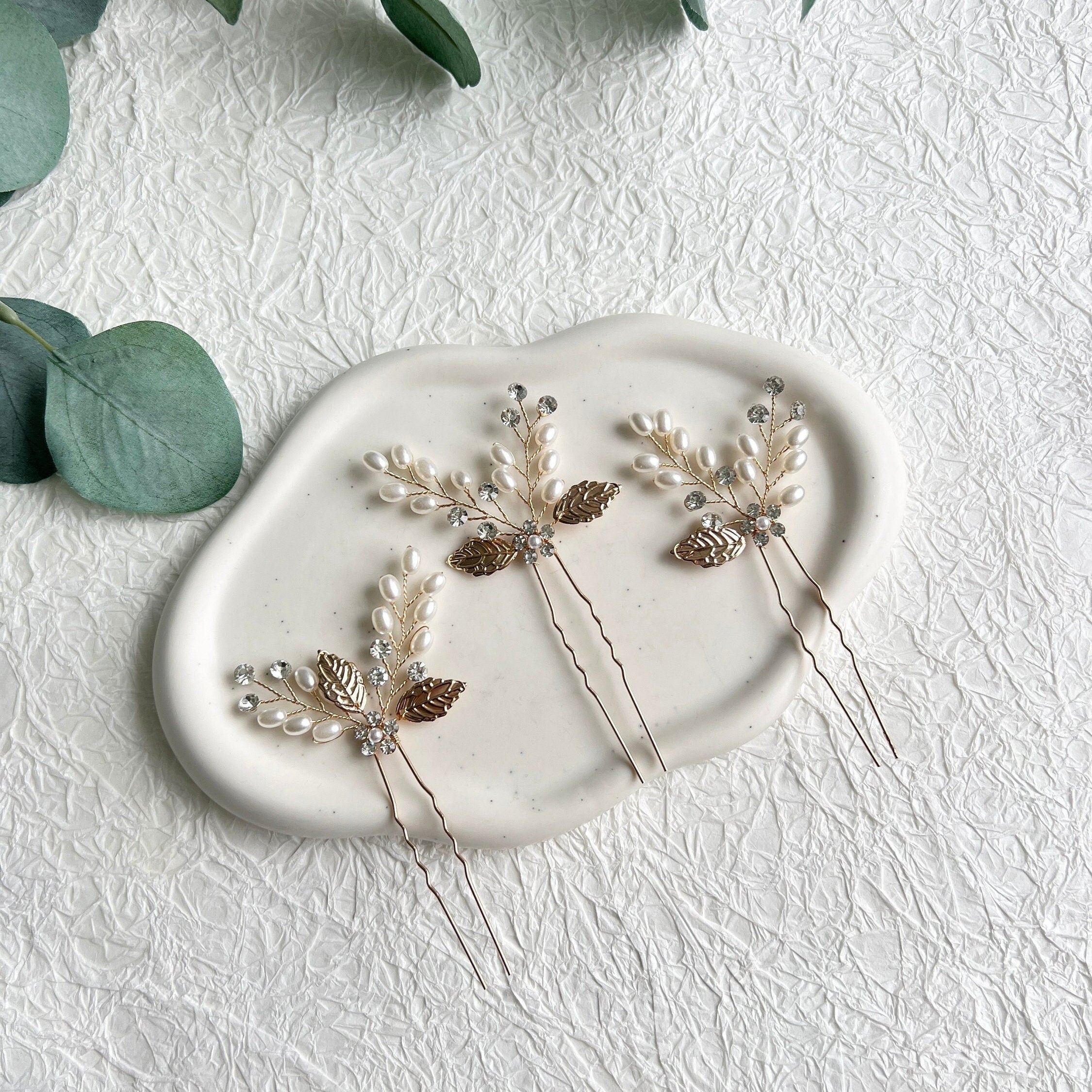 Haarspange Set 3 Stück Braut Gold mit weißen Perlen Blumen Blätter Brautschmuck Braut Haarschmuck-Brauthaarschmuck-Schmuckblüte