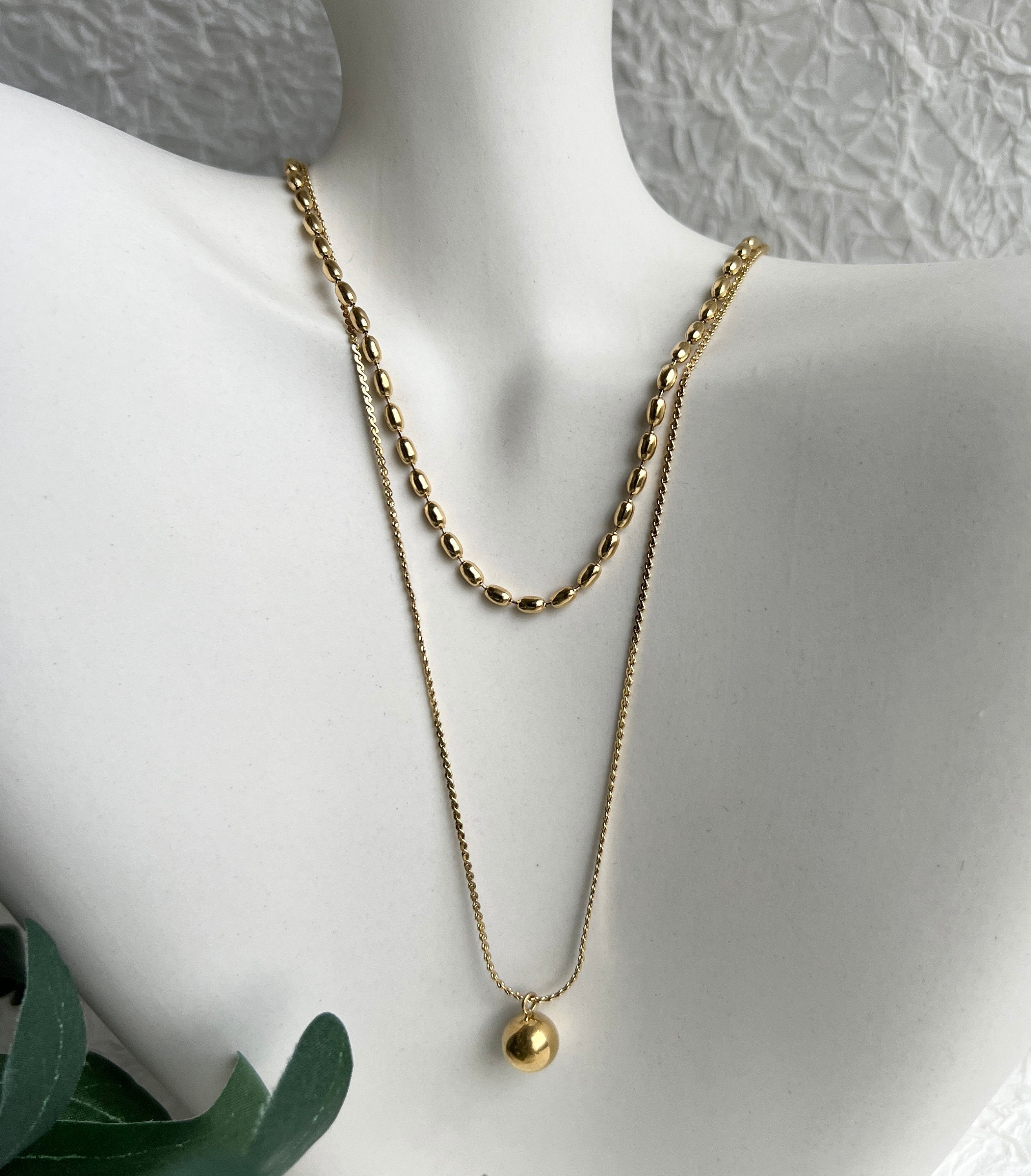 Halskette gold Layering, Mehrreihige Kette, filigran, Kugel Anhänger rund, double Layering, 18k-Halskette-Schmuckblüte