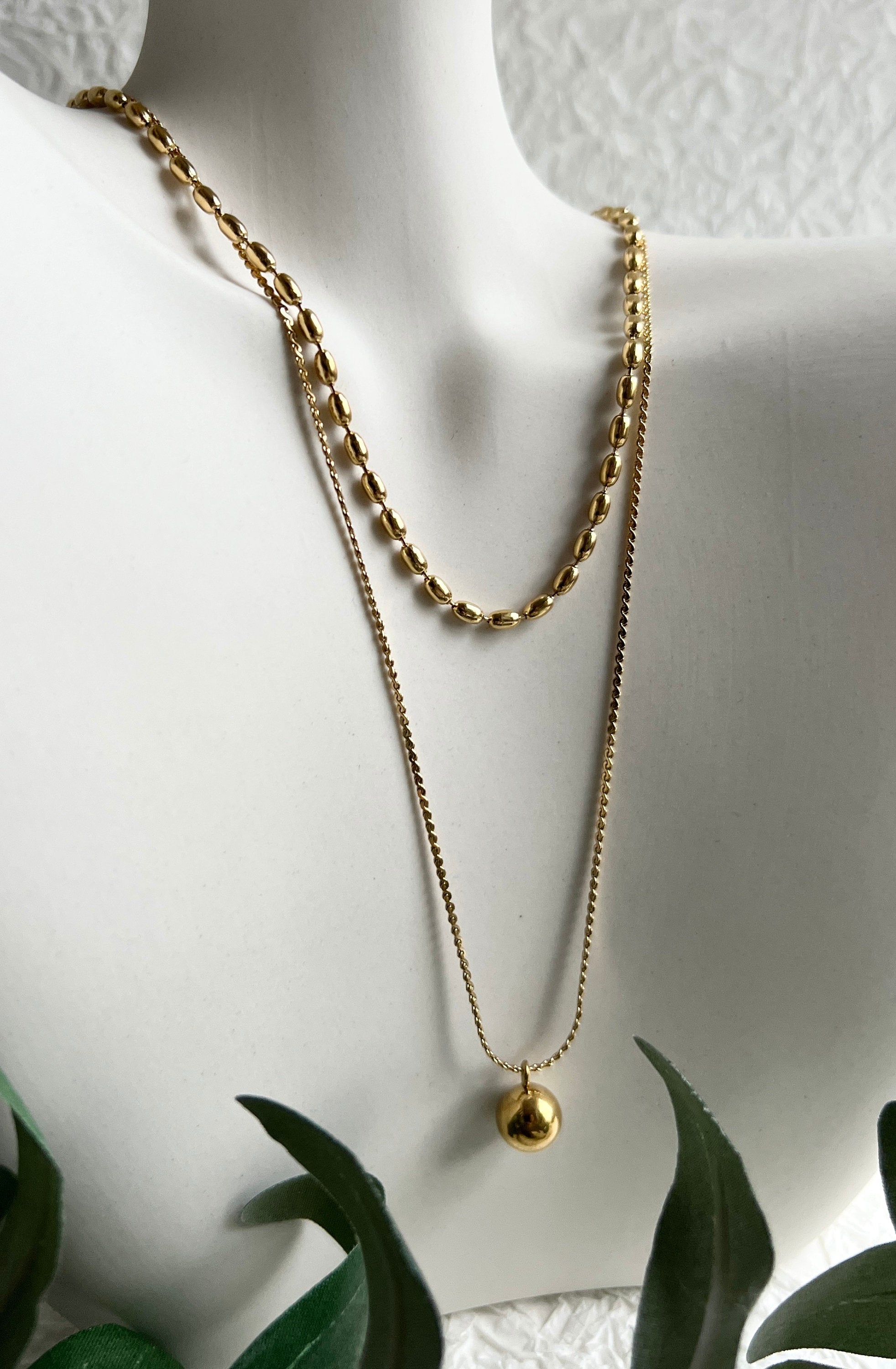 Halskette gold Layering, Mehrreihige Kette, filigran, Kugel Anhänger rund, double Layering, 18k-Halskette-Schmuckblüte