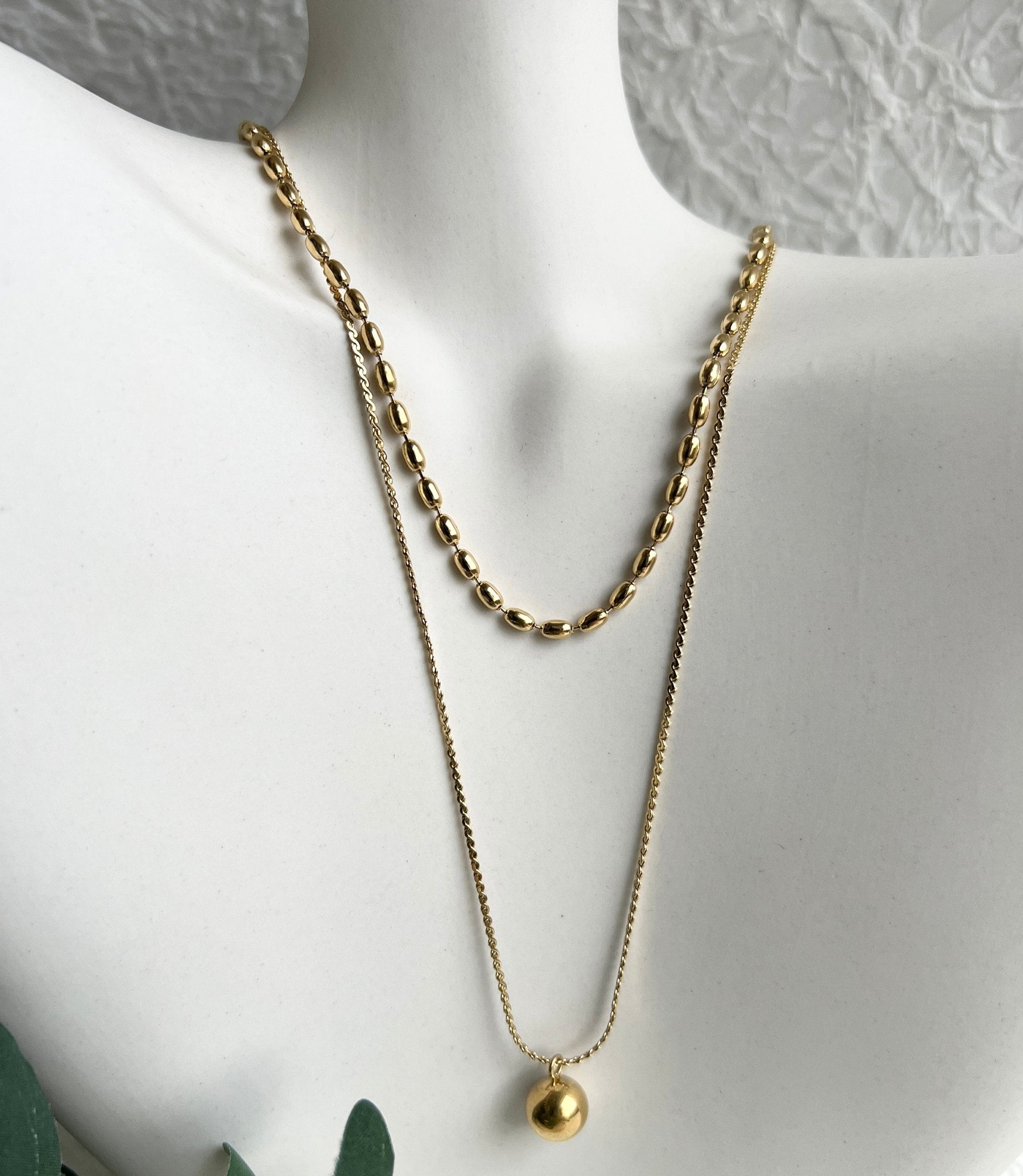 Halskette gold Layering, Mehrreihige Kette, filigran, Kugel Anhänger rund, double Layering, 18k-Halskette-Schmuckblüte