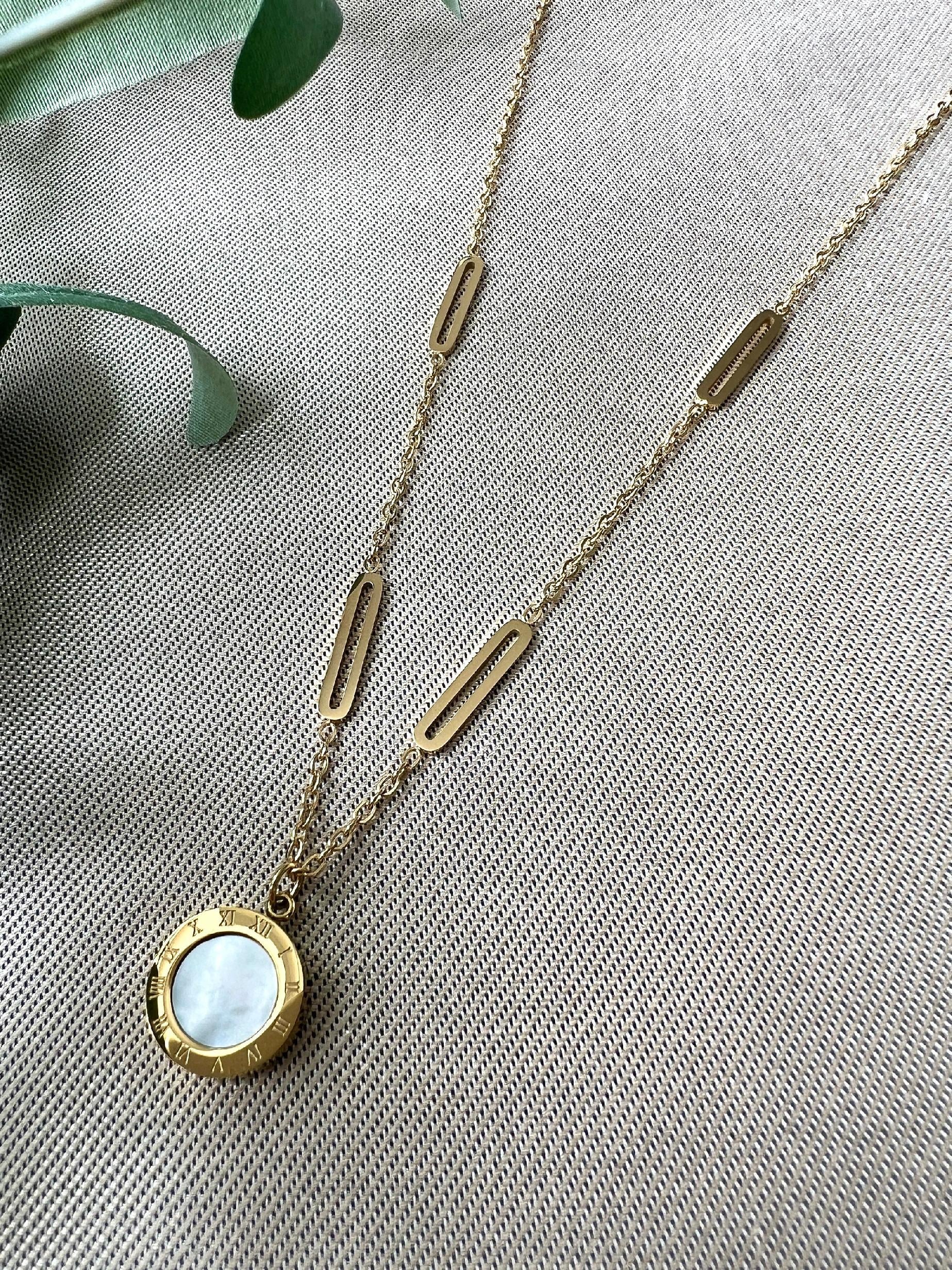 Halskette mit Anhänger, Wendehalskette schwarz und Perlmutt, gold, Edelstahl, Halskette für Frauen-Halskette-Schmuckblüte