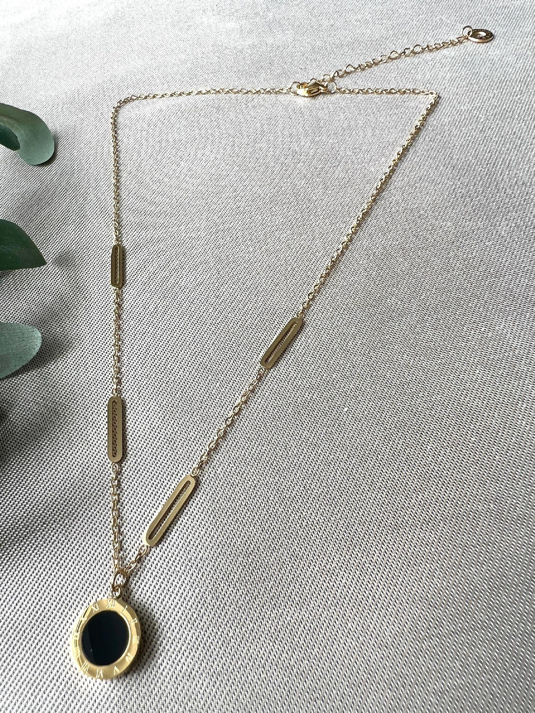 Halskette mit Anhänger, Wendehalskette schwarz und Perlmutt, gold, Edelstahl, Halskette für Frauen-Halskette-Schmuckblüte