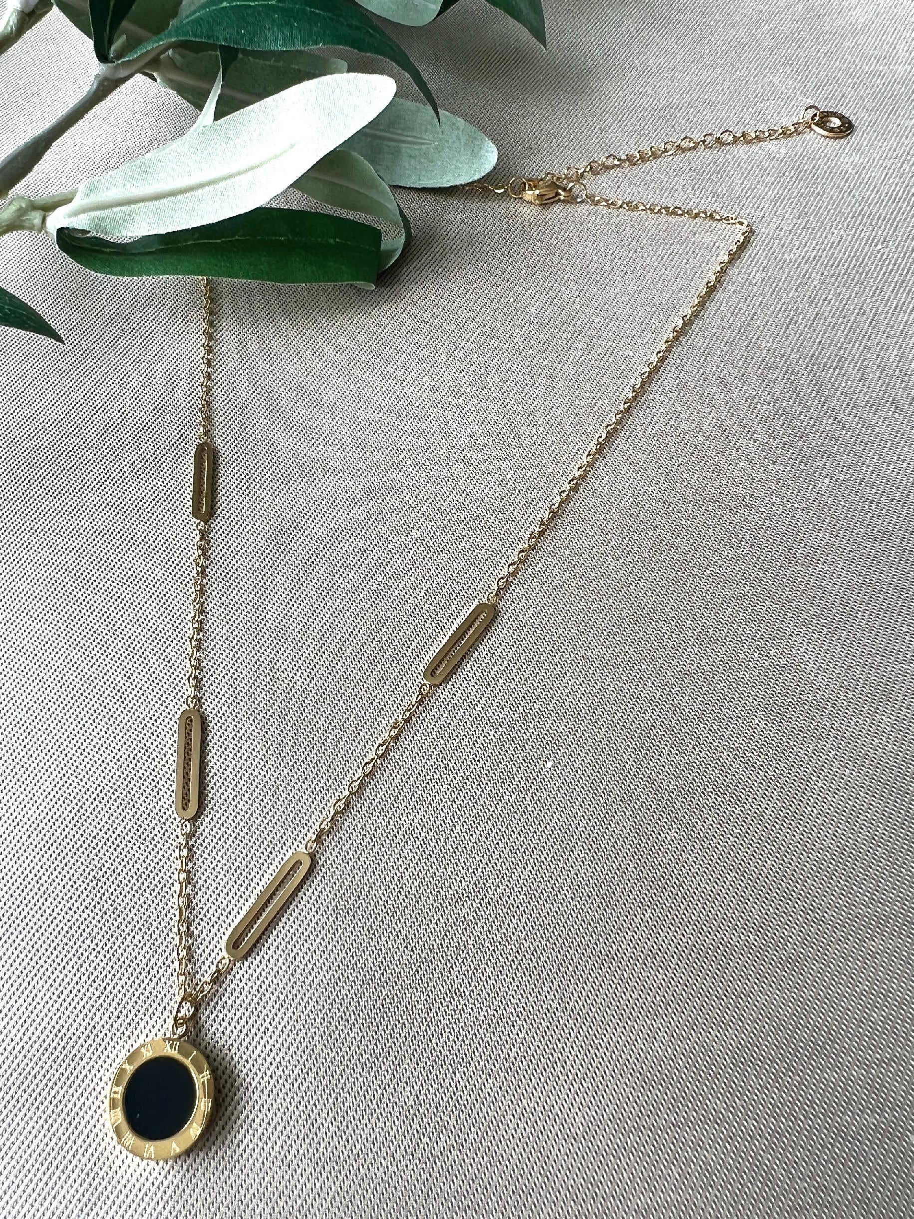 Halskette mit Anhänger, Wendehalskette schwarz und Perlmutt, gold, Edelstahl, Halskette für Frauen-Halskette-Schmuckblüte