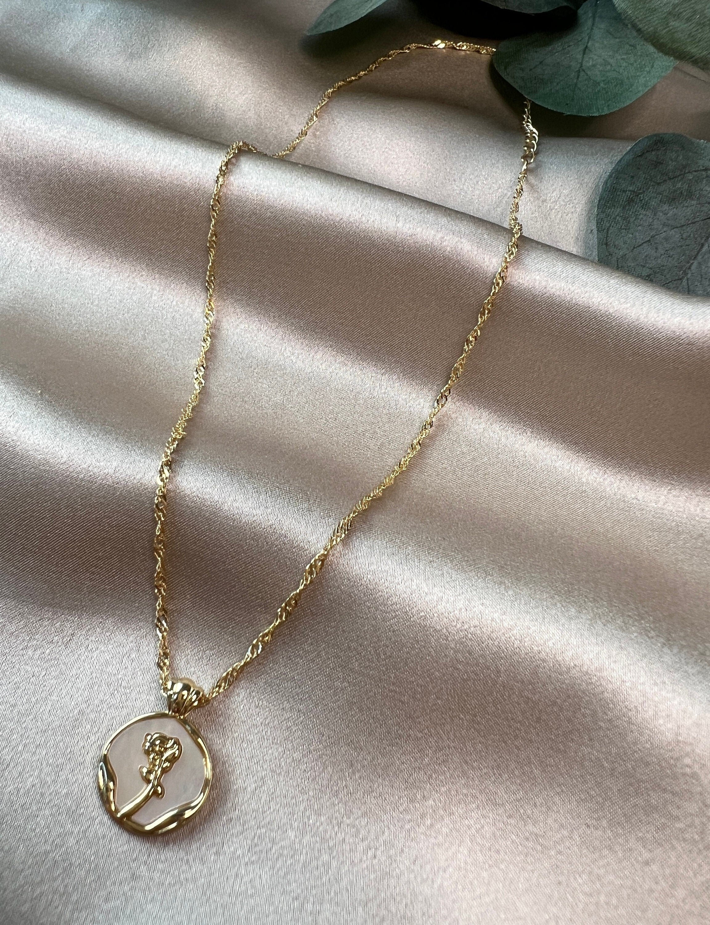 Halskette mit Rosen-Anhänger, Edelstahl, Perlmutt, golden, Halskette für Frauen-Halskette-Schmuckblüte