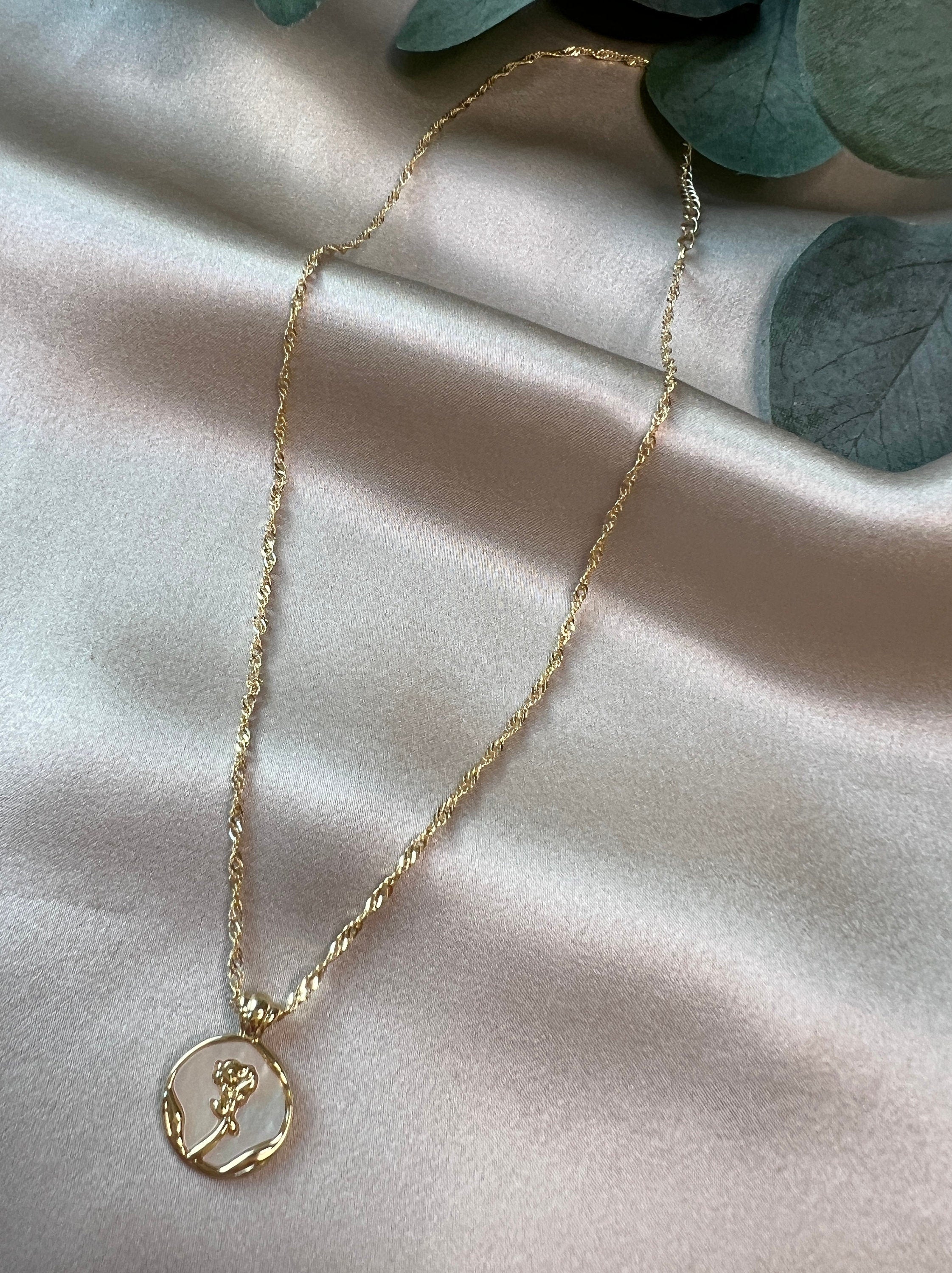 Halskette mit Rosen-Anhänger, Edelstahl, Perlmutt, golden, Halskette für Frauen-Halskette-Schmuckblüte