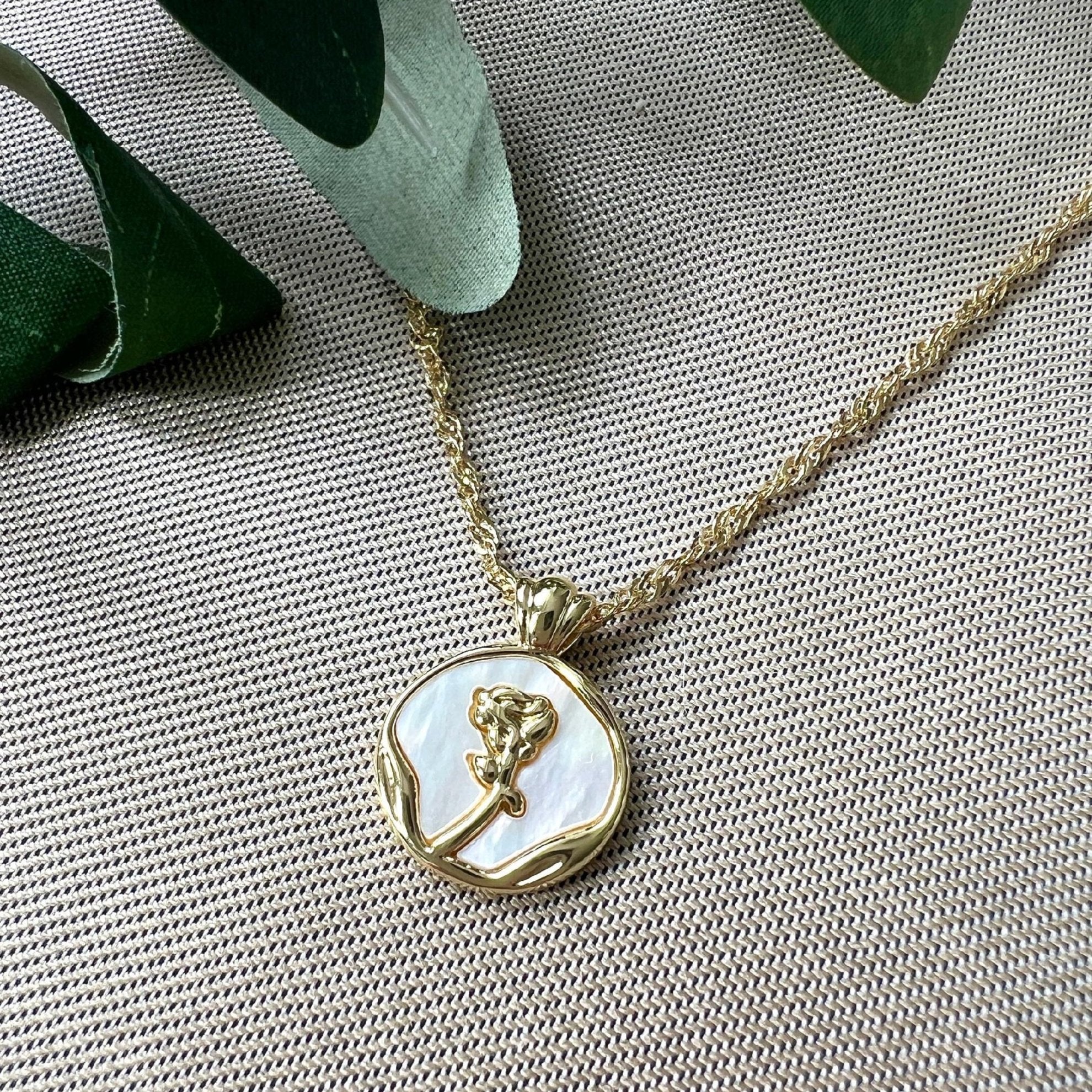 Halskette mit Rosen-Anhänger, Edelstahl, Perlmutt, golden, Halskette für Frauen-Halskette-Schmuckblüte
