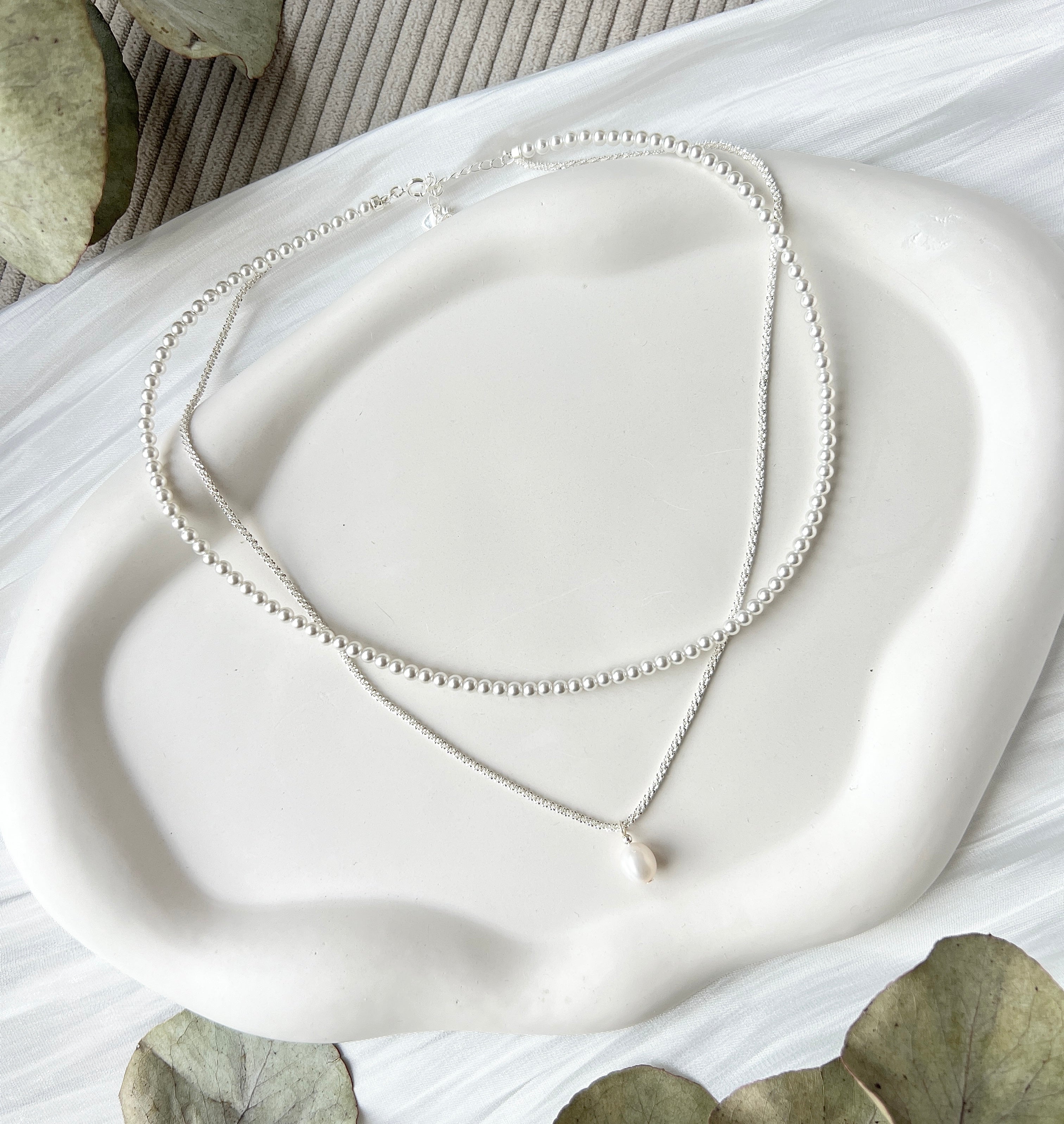 Layering Halskette, Silber, mehrreihige Kette, kurz und lang, Perlenanhänger