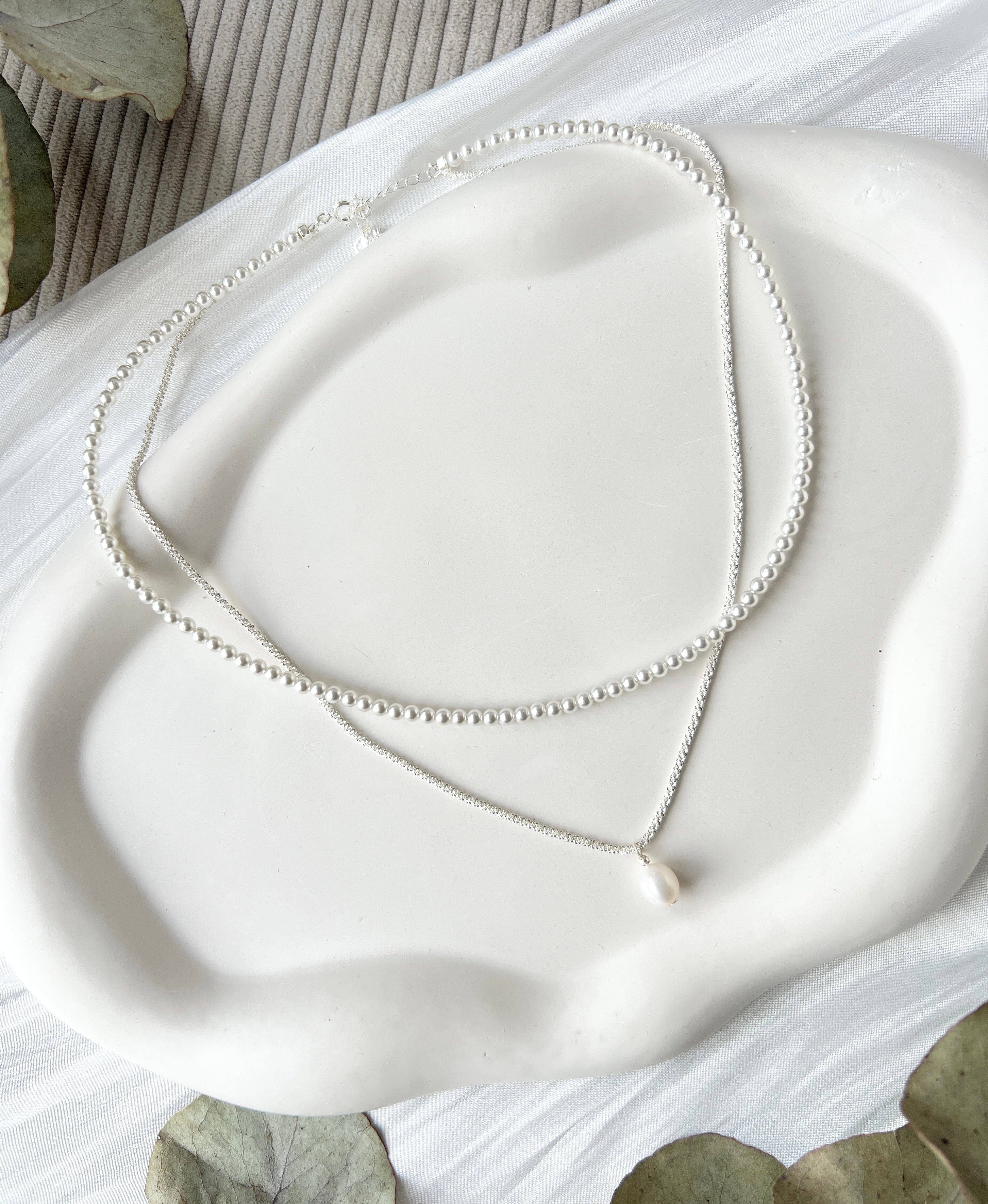 Layering Halskette, Silber, mehrreihige Kette, kurz und lang, Perlenanhänger