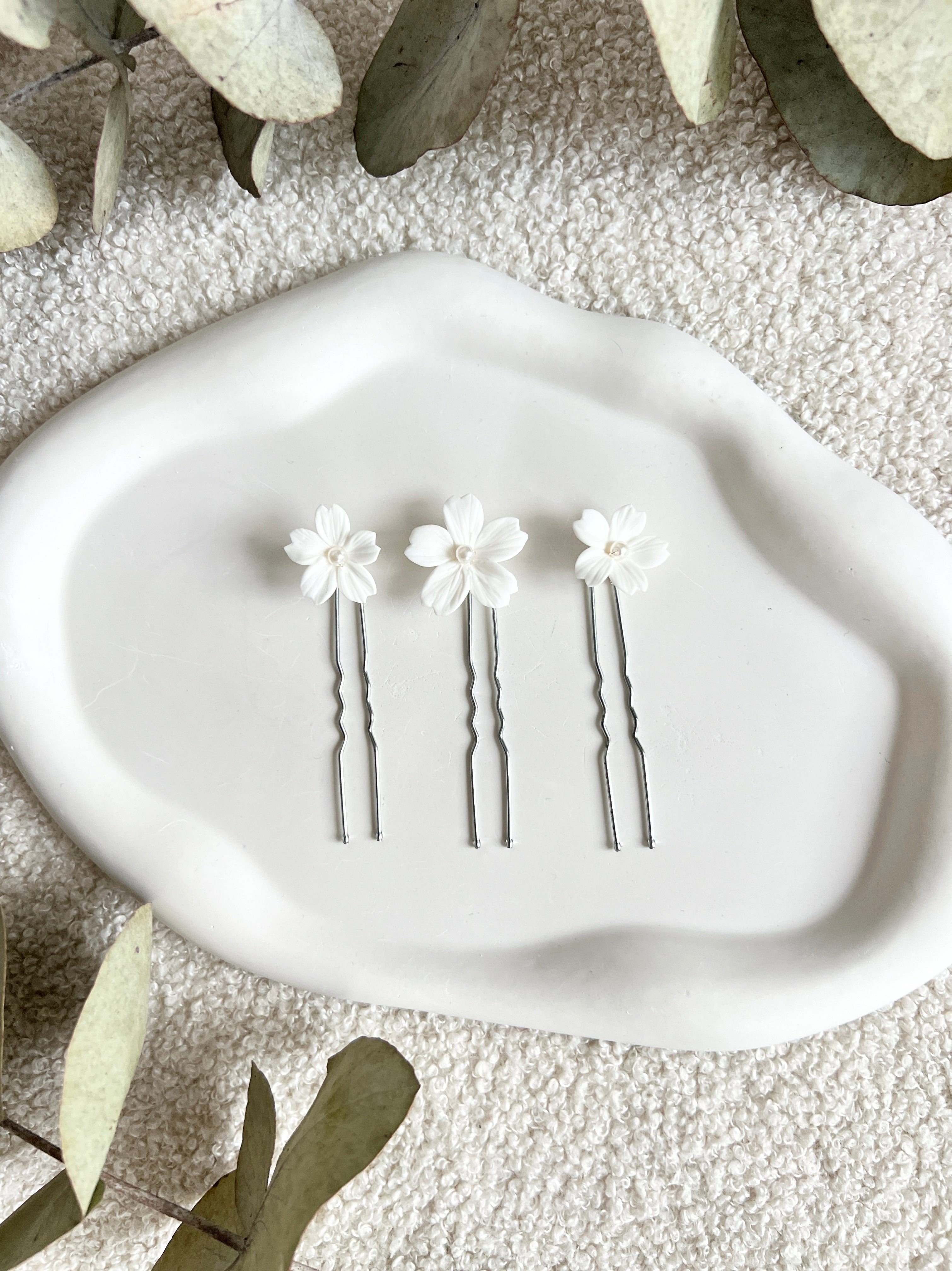 Haarnadeln, Set 3 Stück, weiße feine Blüten, Brauthaarschmuck