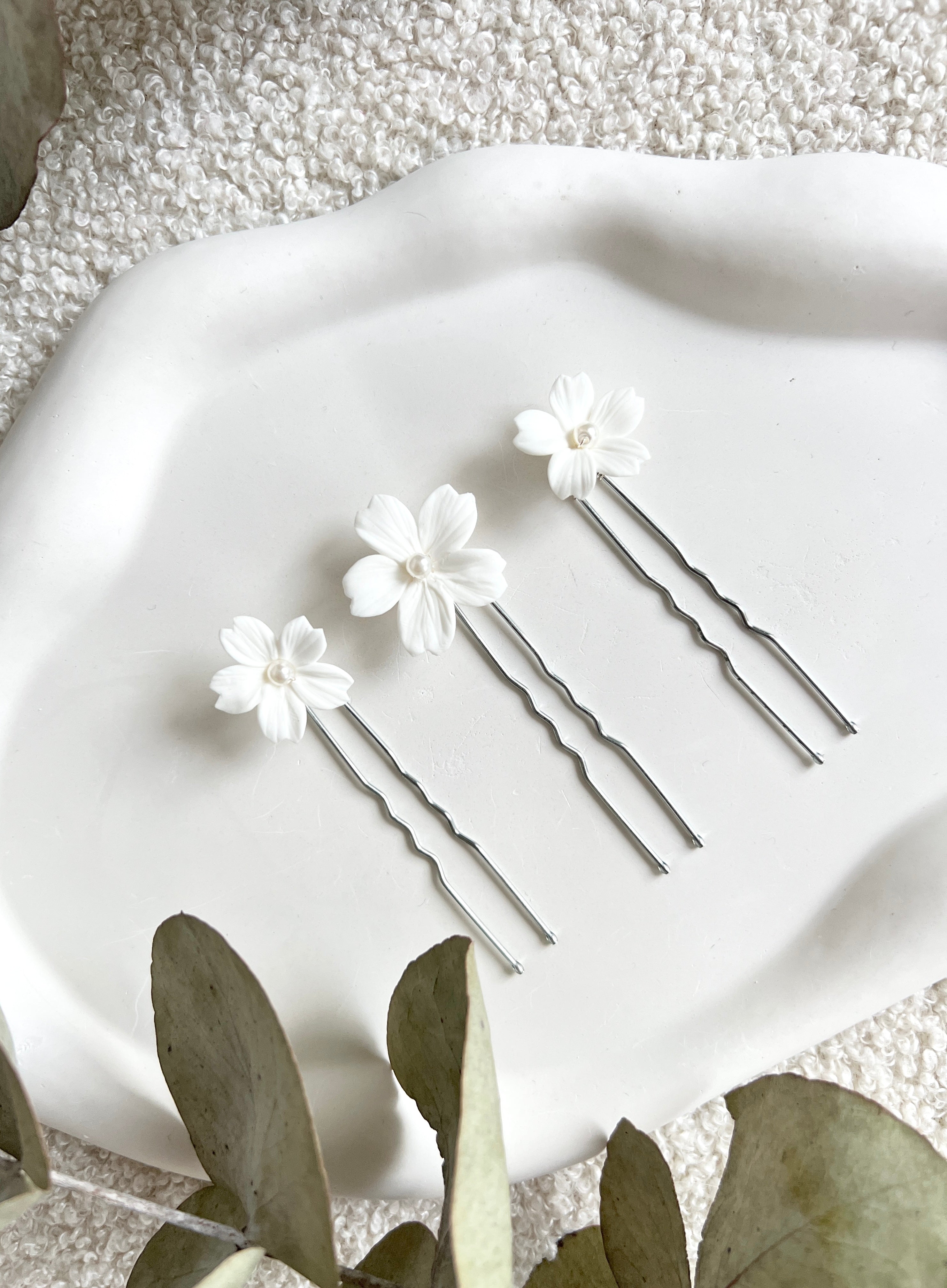 Haarnadeln, Set 3 Stück, weiße feine Blüten, Brauthaarschmuck
