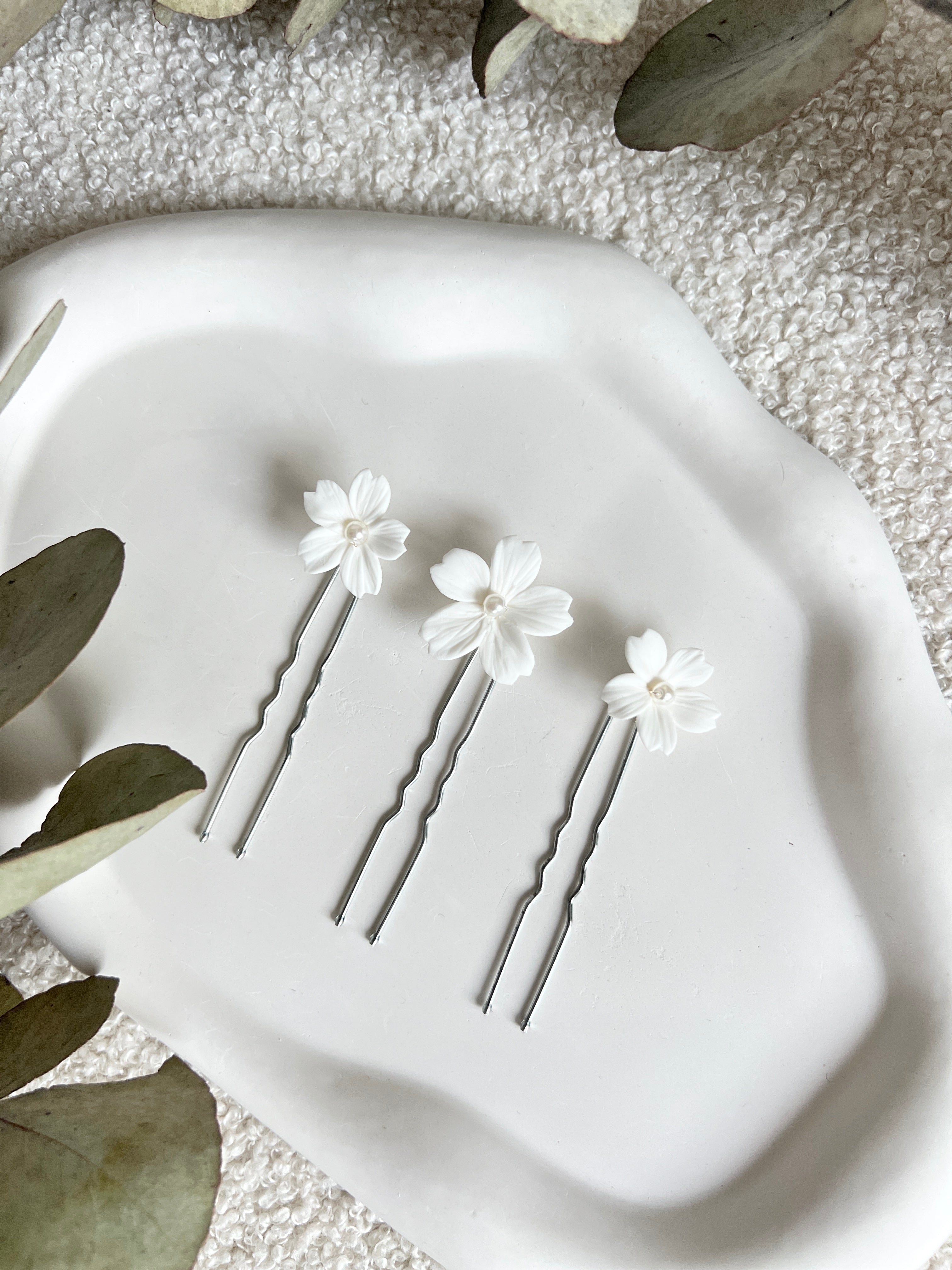 Haarnadeln, Set 3 Stück, weiße feine Blüten, Brauthaarschmuck