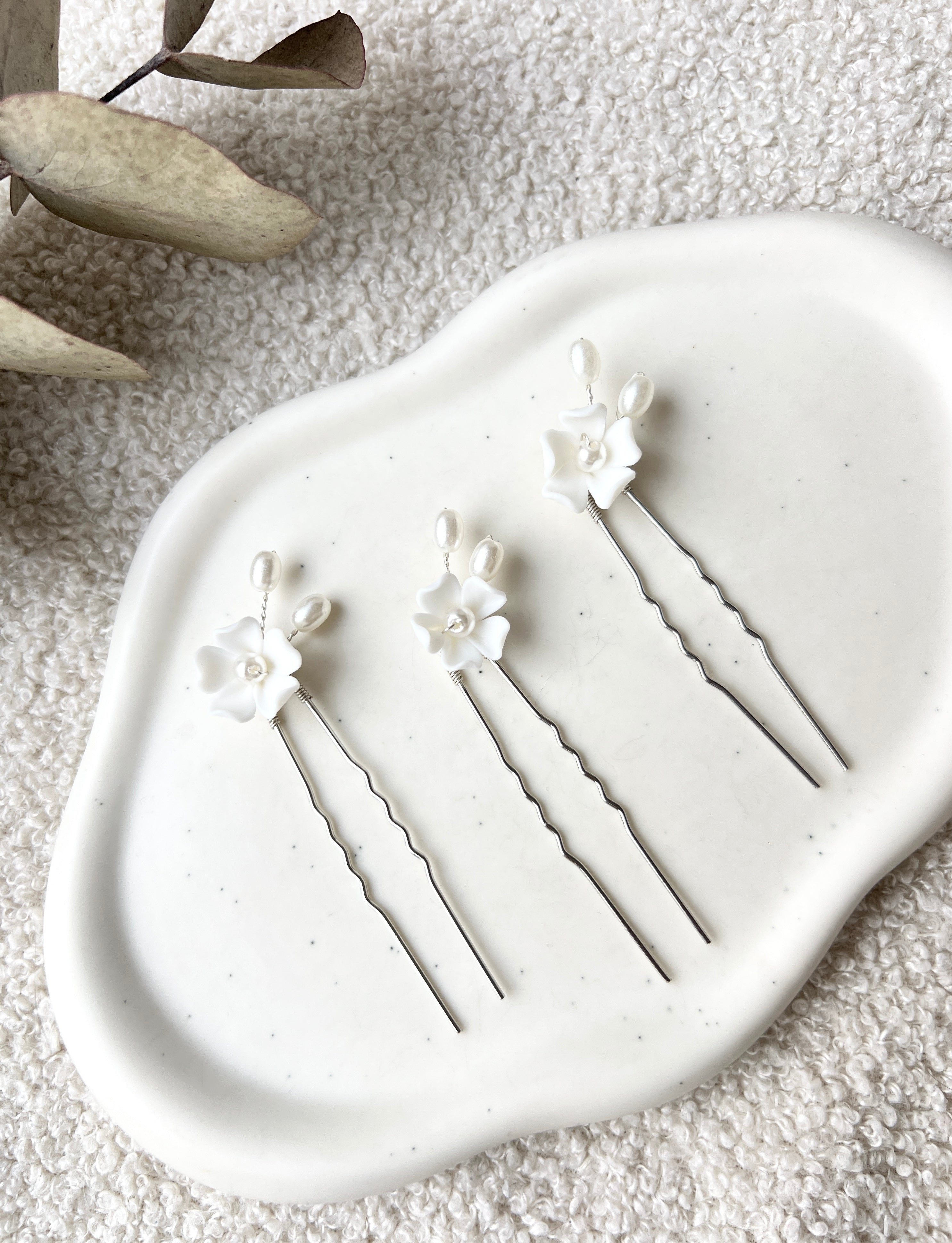 Haarnadeln, 3 Stück, Brautset, Silber, weiße Perlen, Keramikblumen, Brautschmuck, Hochzeit Haarschmuck