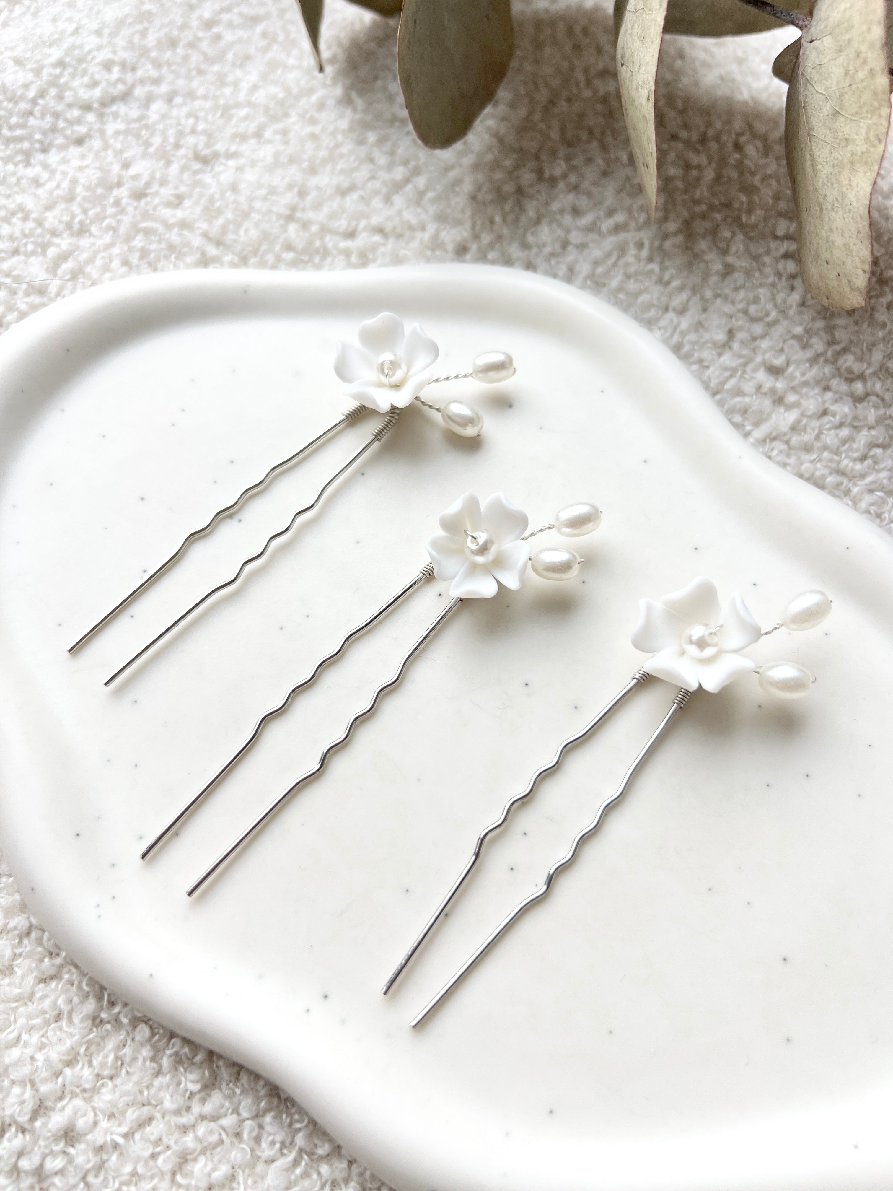 Haarnadeln, 3 Stück, Brautset, Silber, weiße Perlen, Keramikblumen, Brautschmuck, Hochzeit Haarschmuck