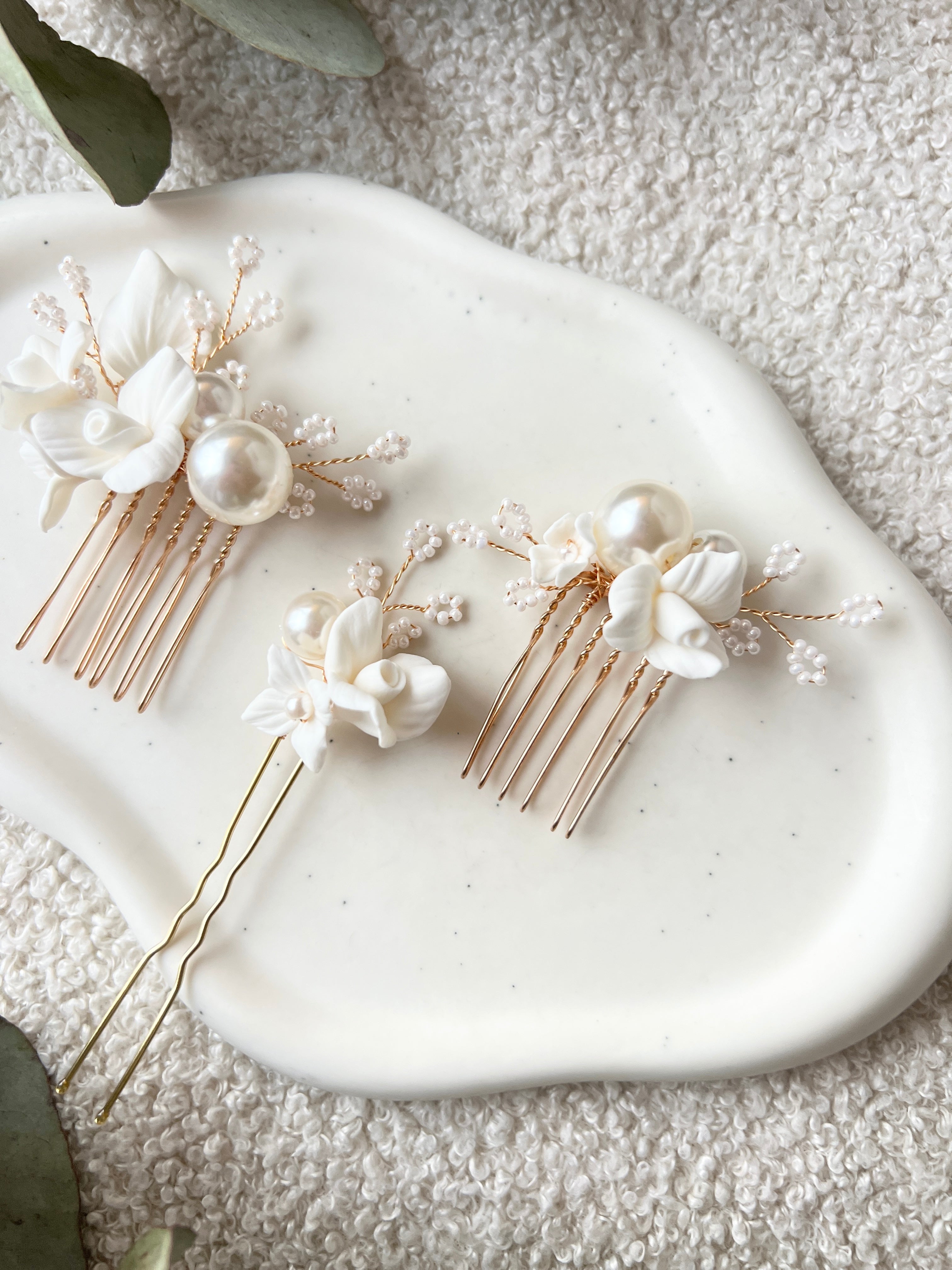 Haarschmuck für die Braut, Set 3 Stück, Gold und Weiß, Perlen und Blüten