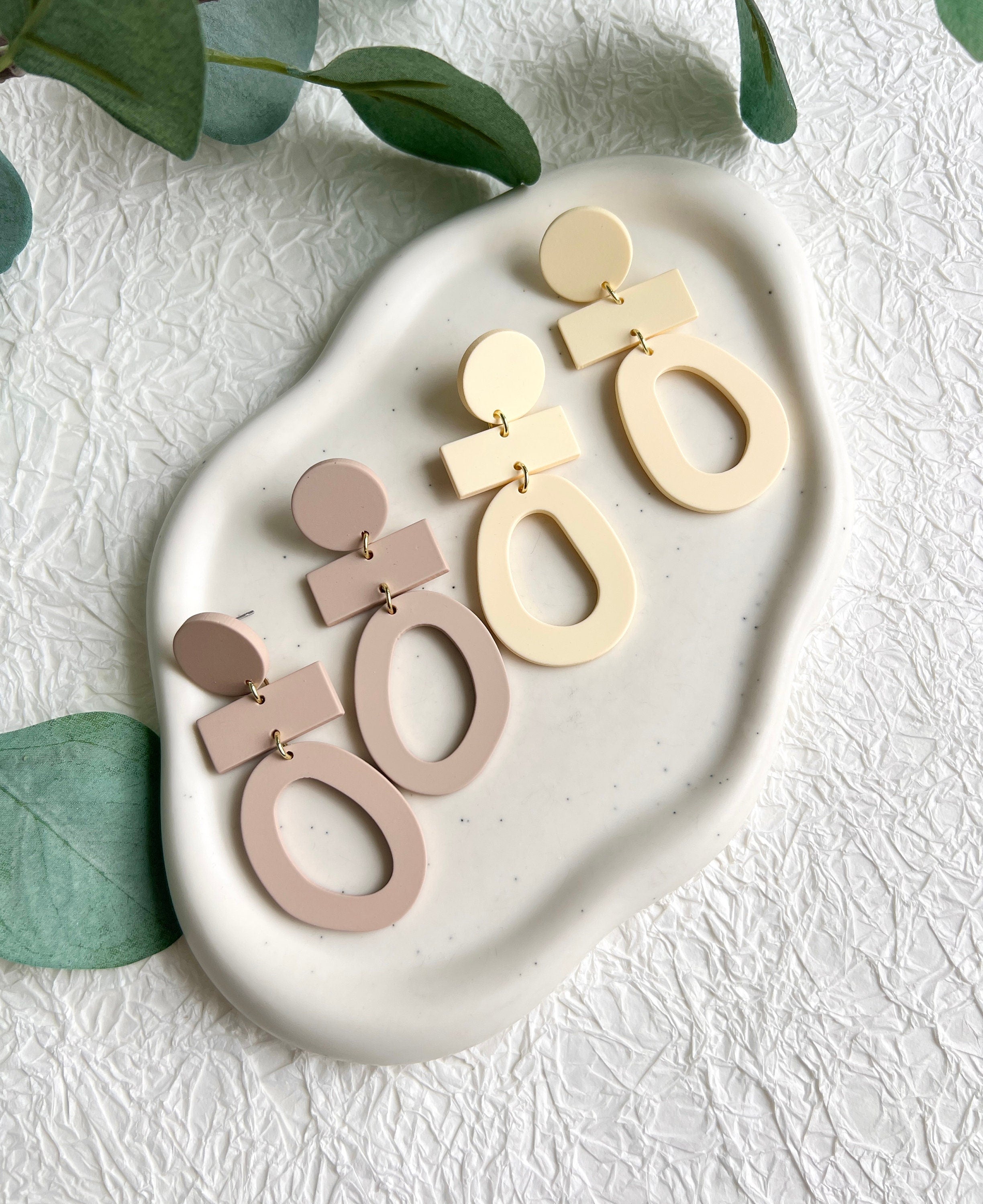 Lange Ohrringe, Beige/Gelb, Beige/Altrosa, Oval geometrische Form, große Hängeohrringe, - Beige-Ohrringe-Schmuckblüte