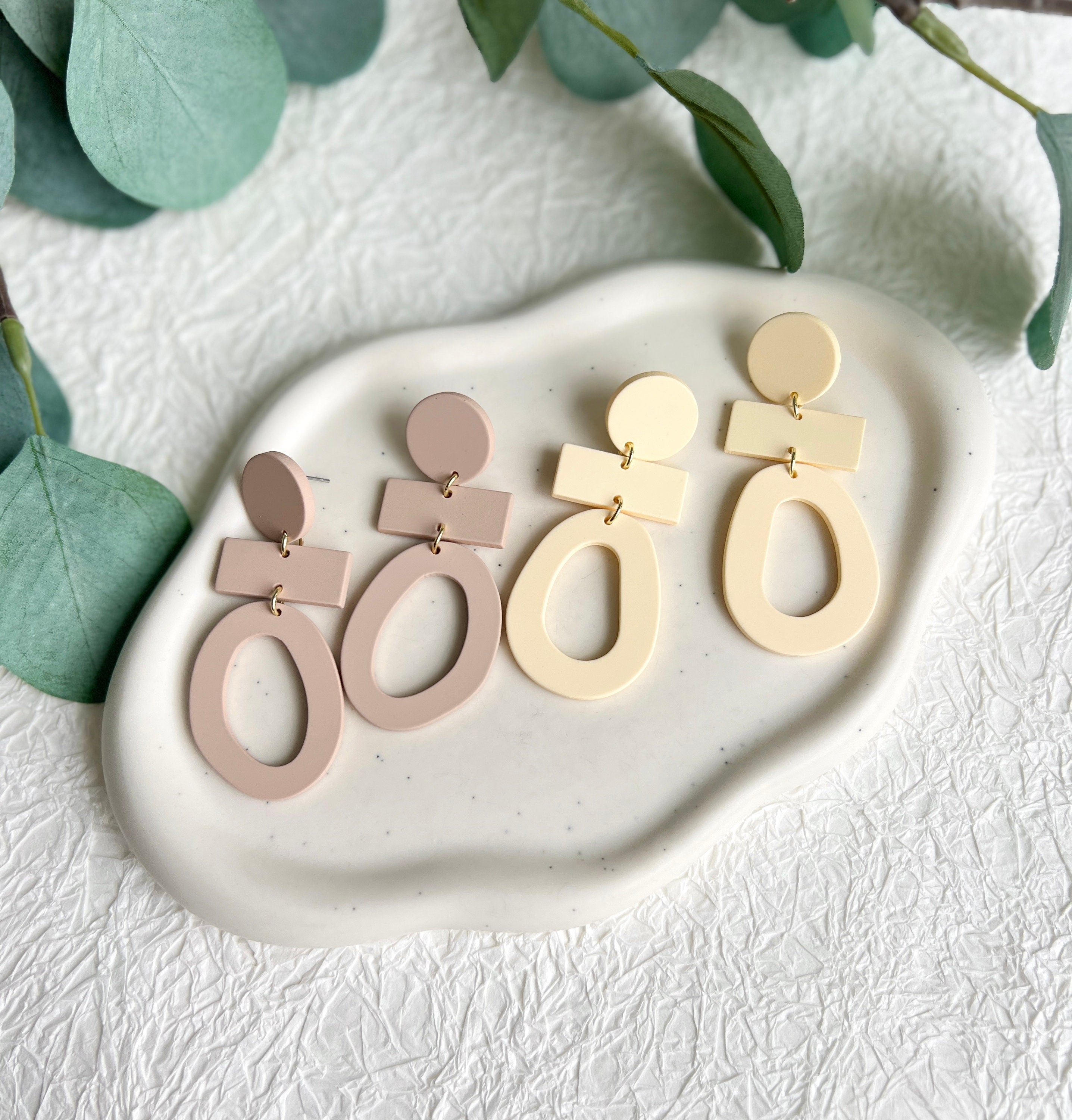 Lange Ohrringe, Beige/Gelb, Beige/Altrosa, Oval geometrische Form, große Hängeohrringe, - Beige-Ohrringe-Schmuckblüte