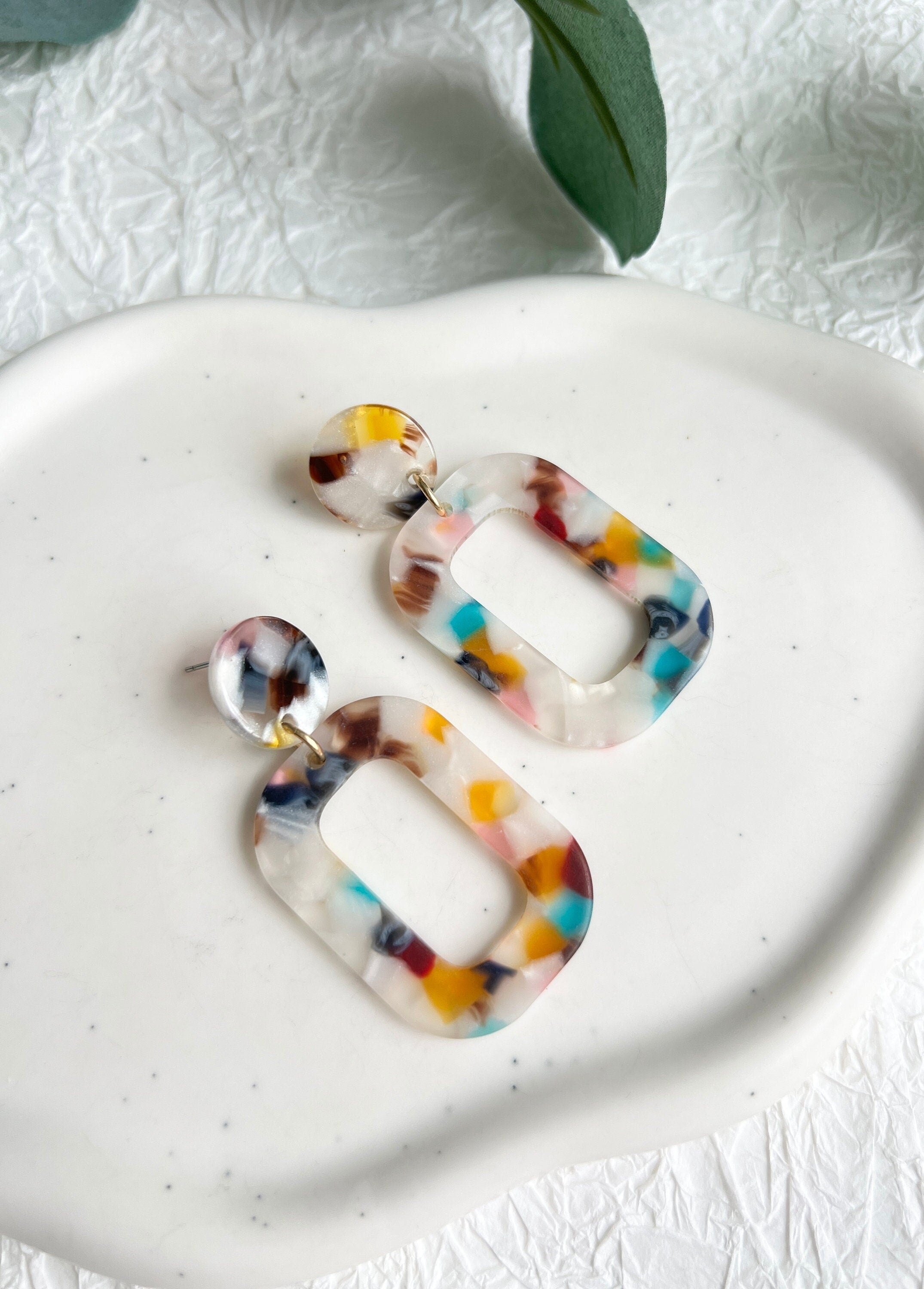 Lange Ohrringe bunt, Acryl, Ovale rechteckige geometrische Hängeohrringe, Trend, moderner-Ohrringe-Schmuckblüte