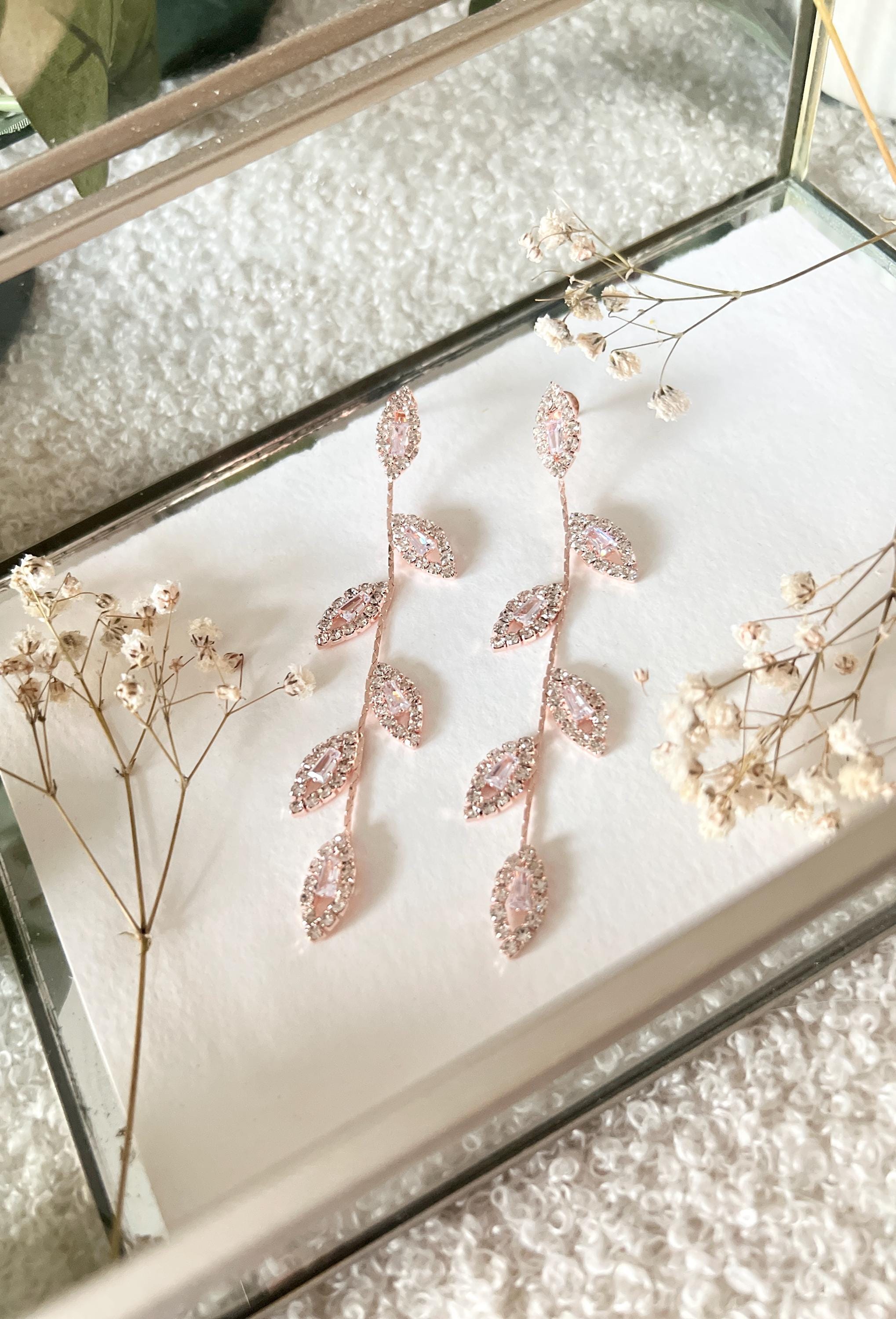 Lange Ohrringe, Brautohrringe, Roségold, Strasssteine, glänzende Brautohrringe, Brautschmuck, Schmuck Hochzeit, Brautjungfer, Hängeohrringe, Blätter
