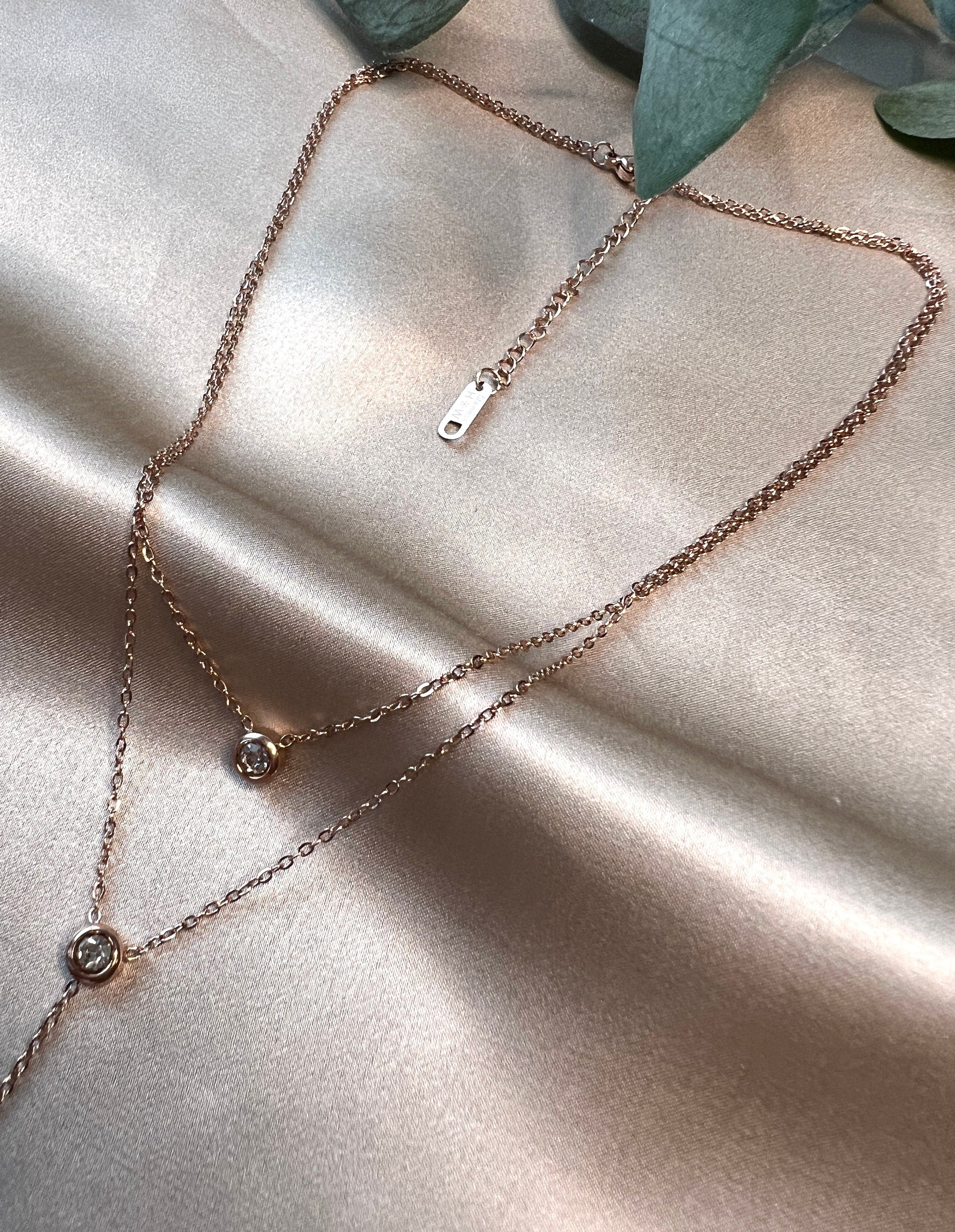 Layering Halskette Edelstahl, Zirkoniasteine, rosegold, Mehrreihig, Y Kette Layered Kette Halskette für Frauen-Halskette-Schmuckblüte