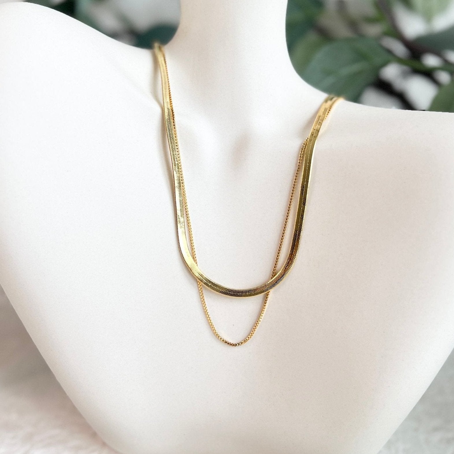 Layering Halskette, Schlangenkette, Gold, filigran, elegante Double Layer Kette, glänzende-Halskette-Schmuckblüte