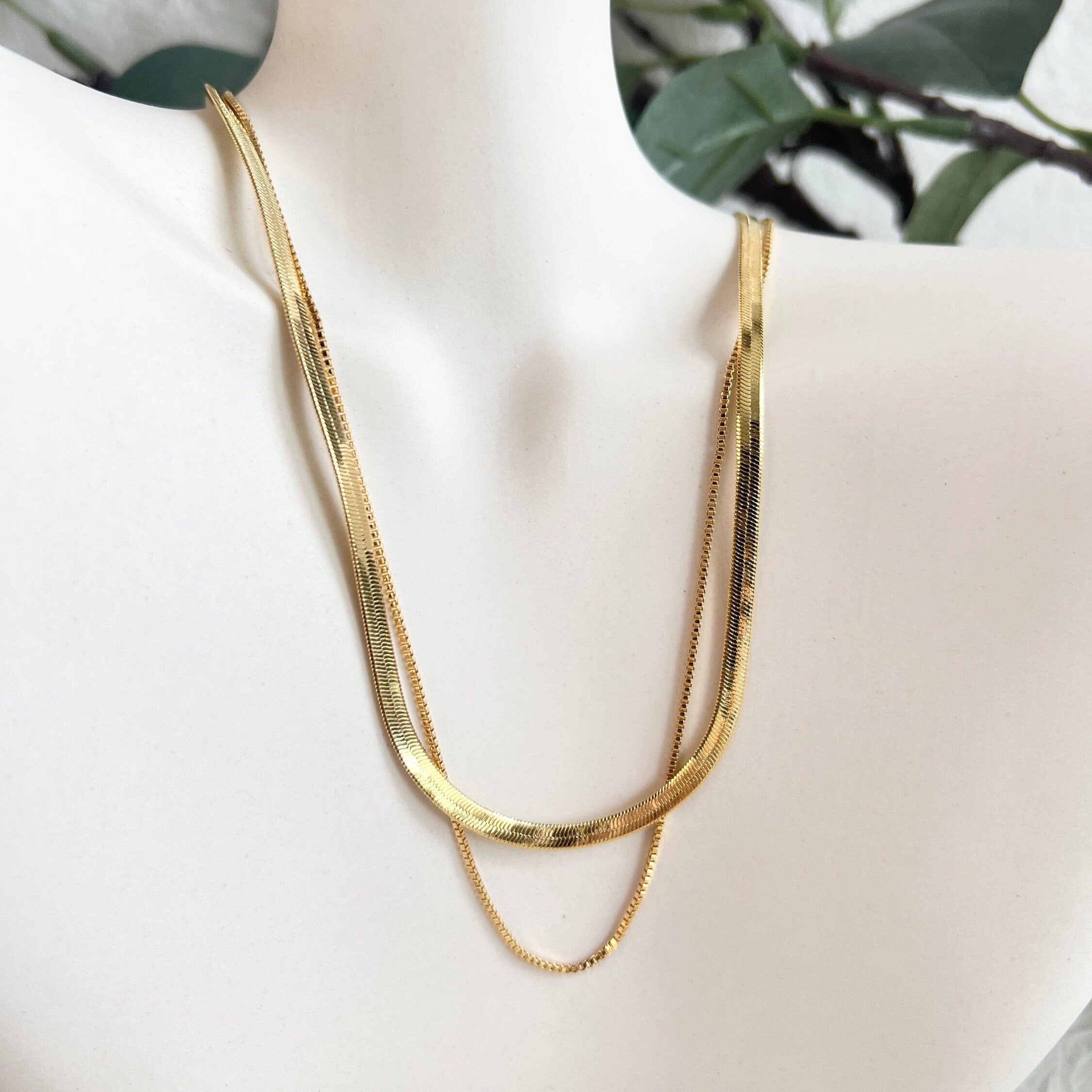 Layering Halskette, Schlangenkette, Gold, filigran, elegante Double Layer Kette, glänzende-Halskette-Schmuckblüte