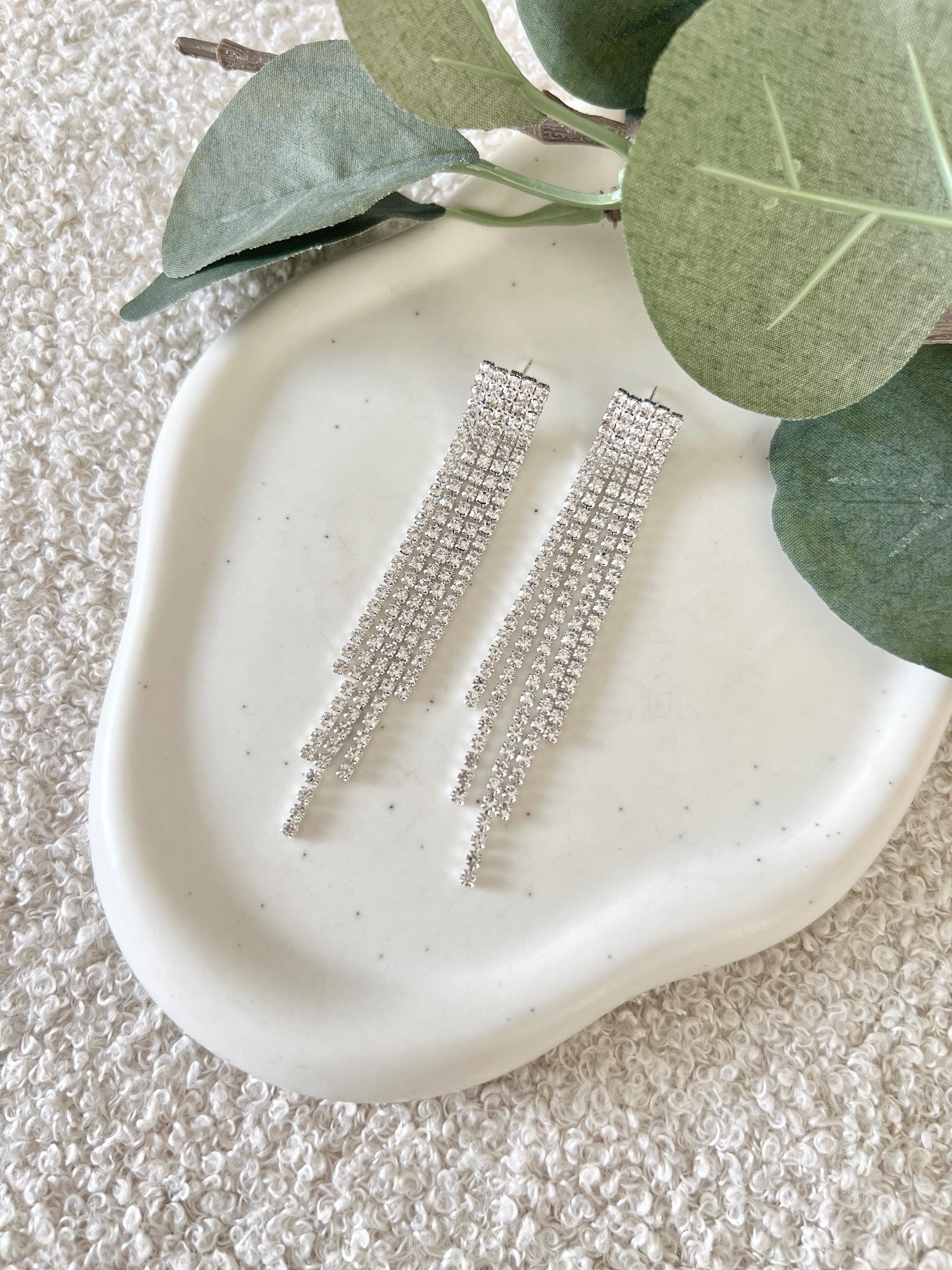 Ohrringe Braut, Silber, lange Hängeohrringe, Strass, funkelnde Brautohrringe, moderne Hängeohrringe Standesamt