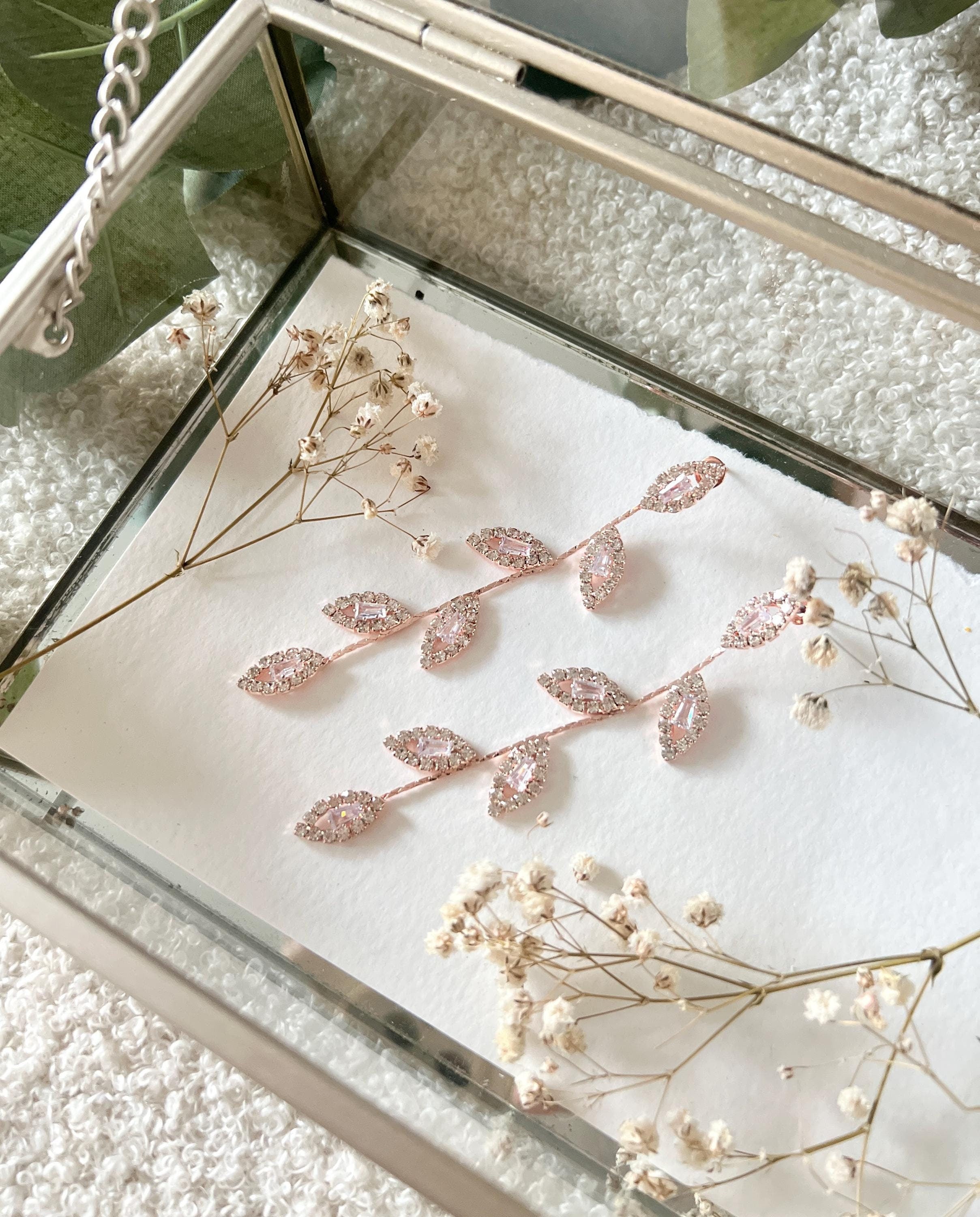 Lange Ohrringe, Brautohrringe, Roségold, Strasssteine, glänzende Brautohrringe, Brautschmuck, Schmuck Hochzeit, Brautjungfer, Hängeohrringe, Blätter