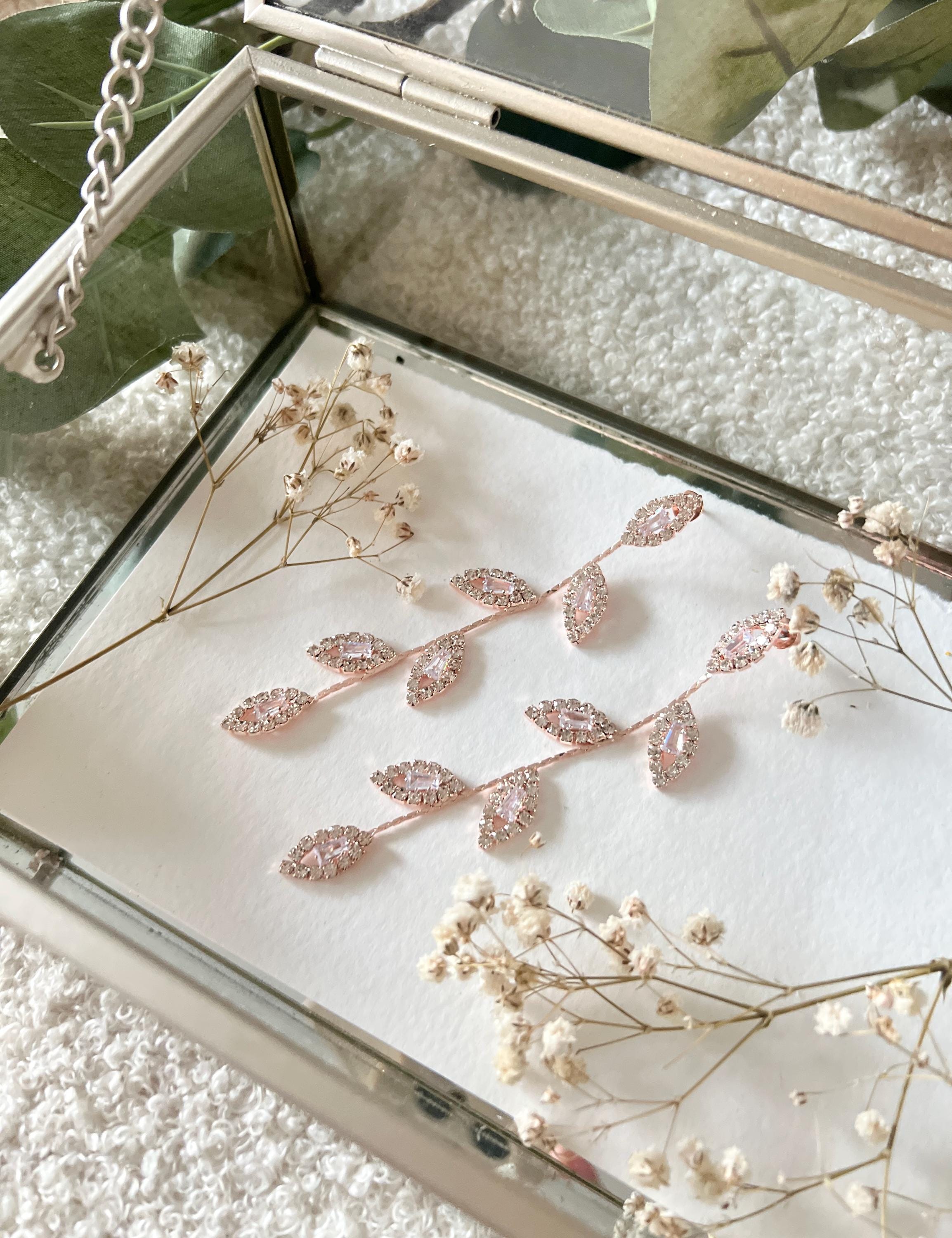Lange Ohrringe, Brautohrringe, Roségold, Strasssteine, glänzende Brautohrringe, Brautschmuck, Schmuck Hochzeit, Brautjungfer, Hängeohrringe, Blätter