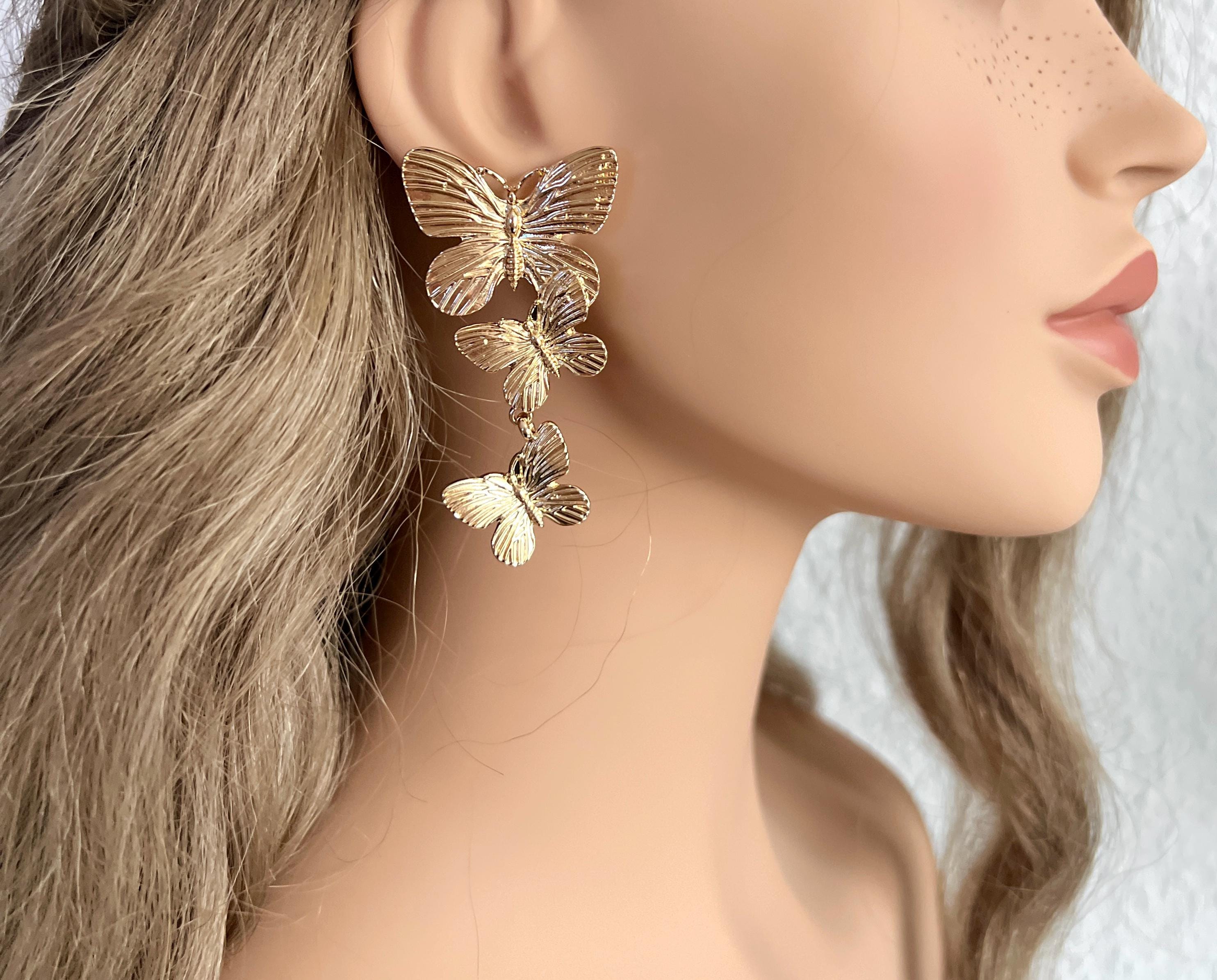 Ohrringe, Gold, Schmetterlinge, Brautohrringe Standesamt, moderne Hängeohrringe, Brautschmuck, Brautjungfer, Schmuck Hochzeit, lange Ohrstecker