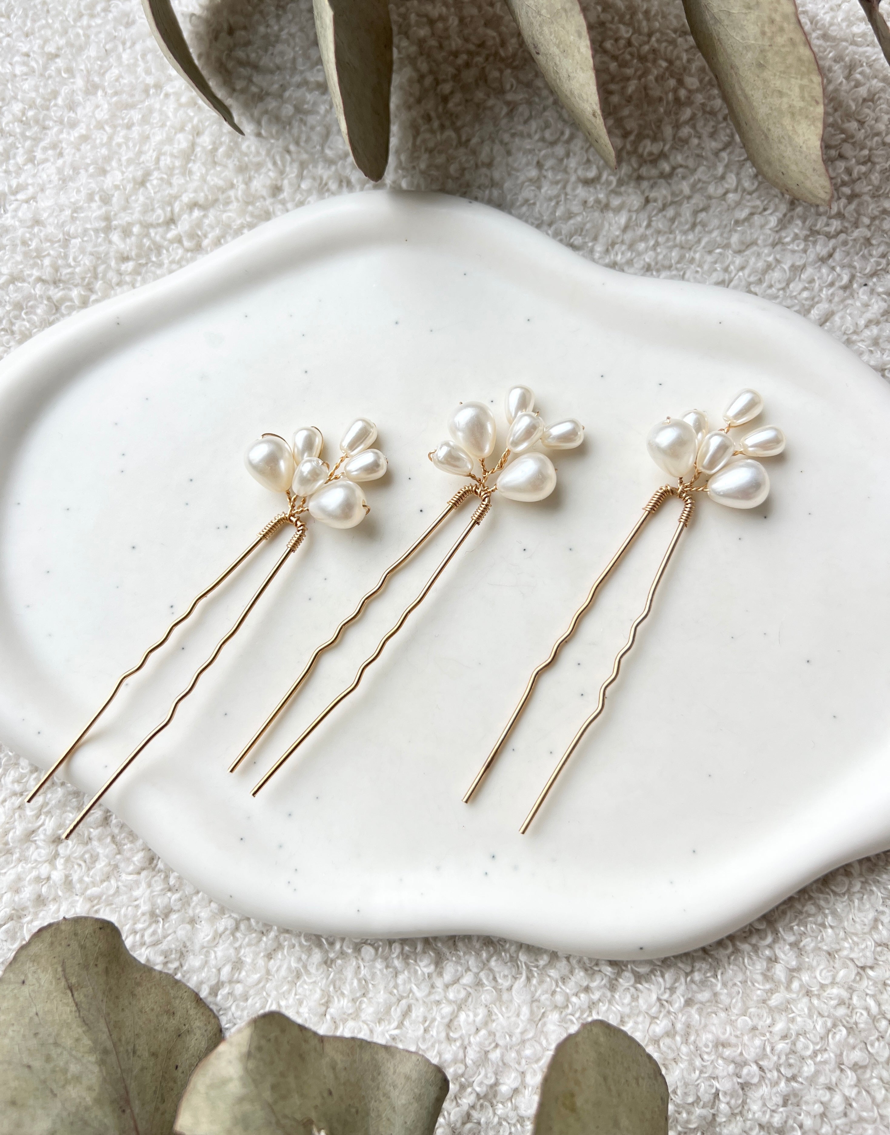 Braut Haarschmuck Set 3 Stück Haarspangen gold mit weißen ovalen Perlen Haarnadeln Brautschmuck Hochzeitsschmuck Brautjungfer Trauzeugin Hochzeit