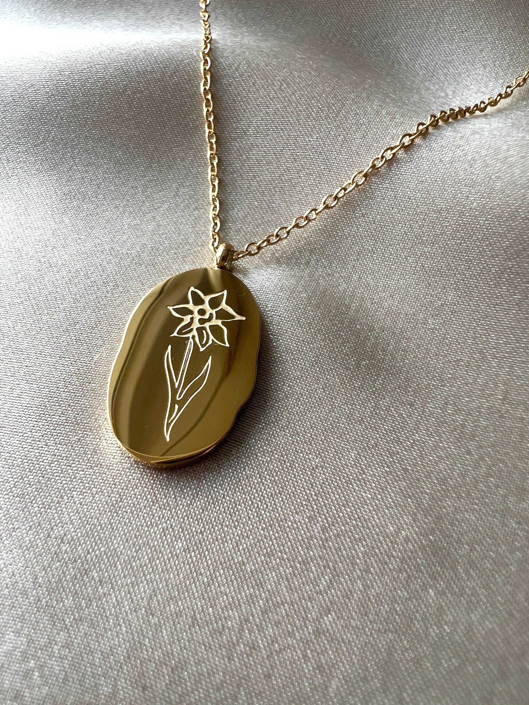 Persönliche Halskette, Geburtsmonat, Monat März, Geburtsblume Narzisse, Blume, Gold, wasserfest Halskette für Frauen, Geburtstagsgeschenk, Geschenk Trauzeugin, Brautjungfer, Brautmutter, Kette mit feinem Schriftzug, Schmuckblüte