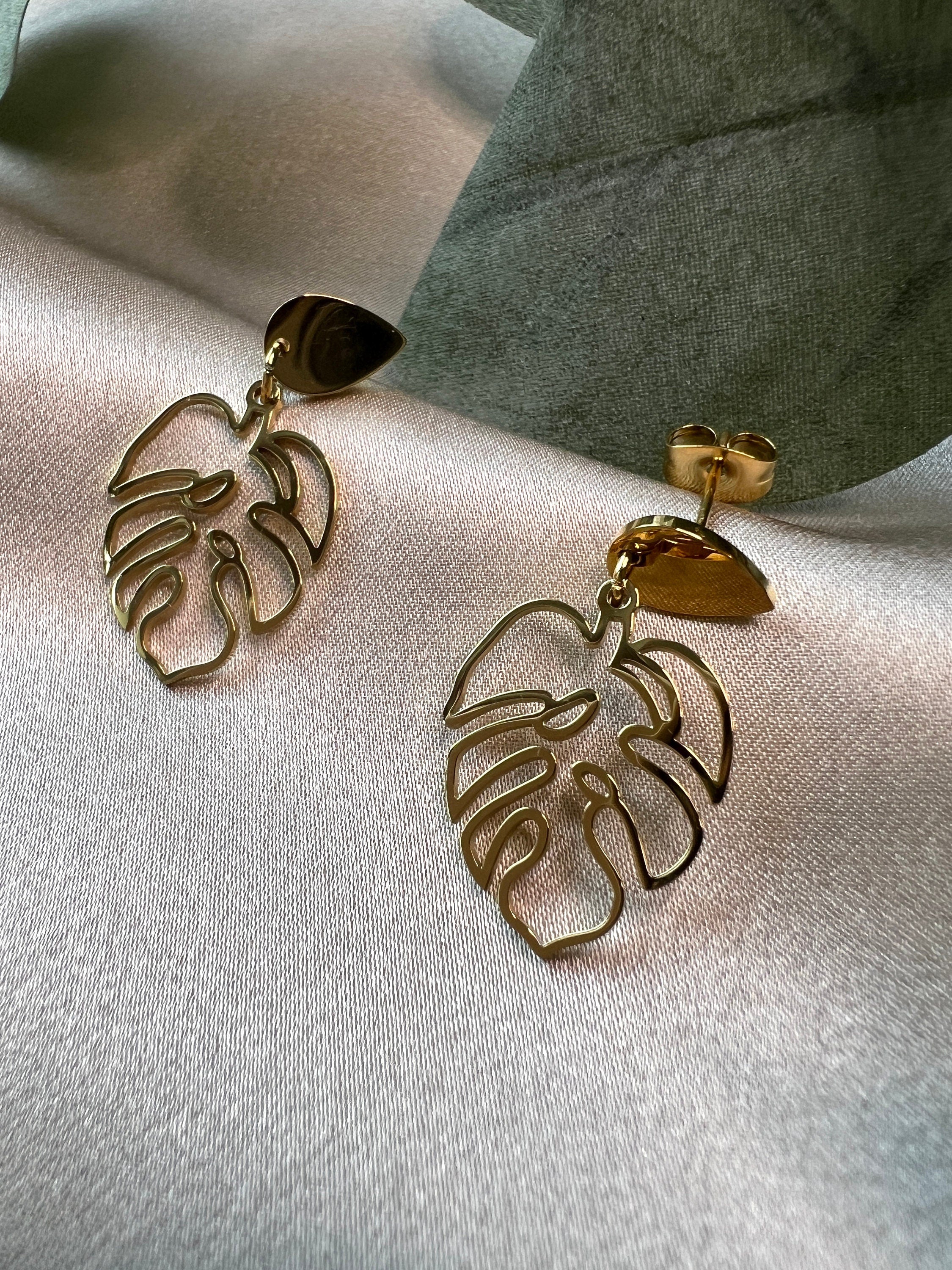 Tropische Ohrringe, Palmenblatt, Edelstahl, gold und silber, Hängeohrringe, Blattohrringe, Sommer Schmuck - Gold-Ohrringe-Schmuckblüte