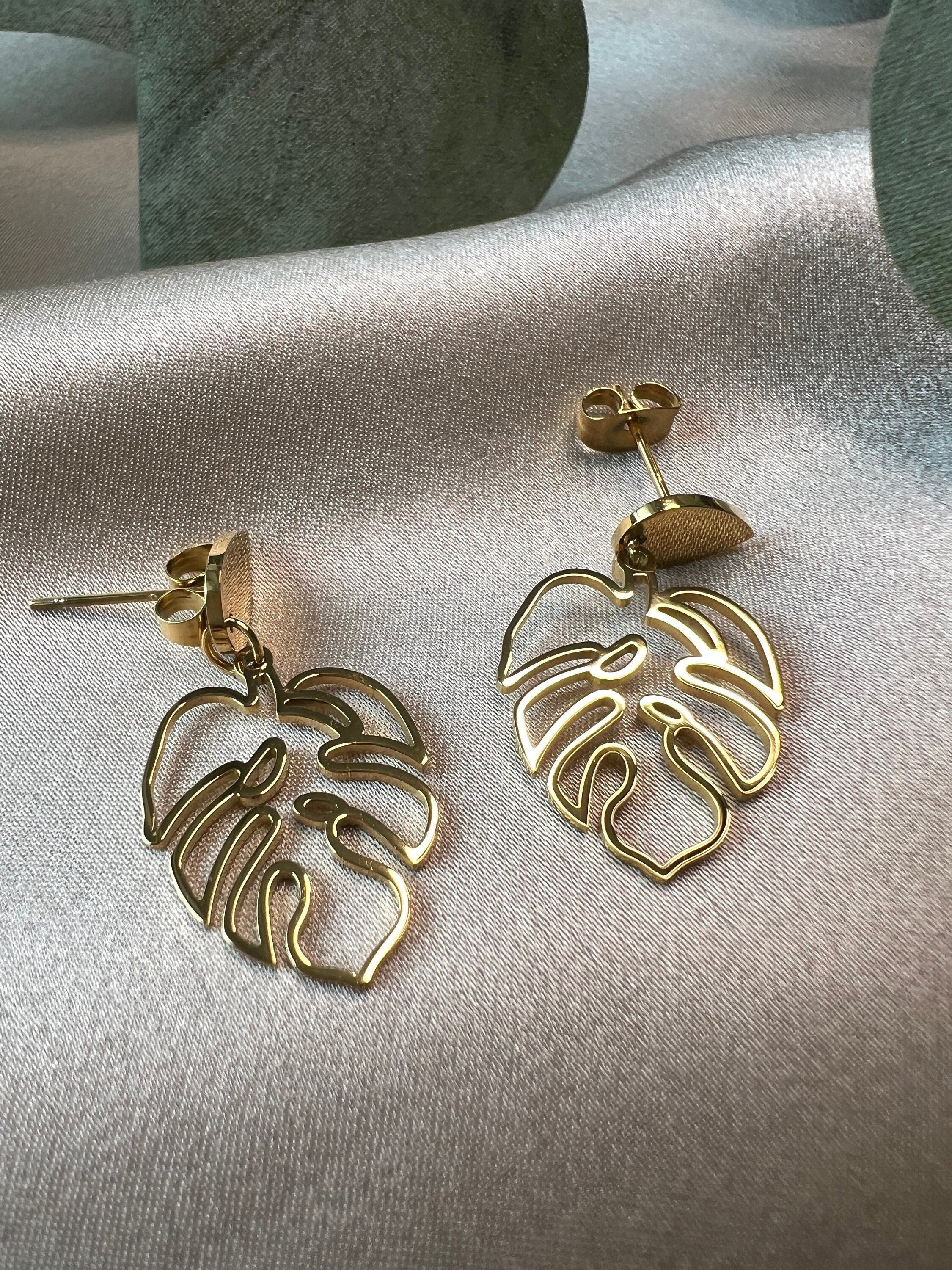 Tropische Ohrringe, Palmenblatt, Edelstahl, gold und silber, Hängeohrringe, Blattohrringe, Sommer Schmuck - Gold-Ohrringe-Schmuckblüte