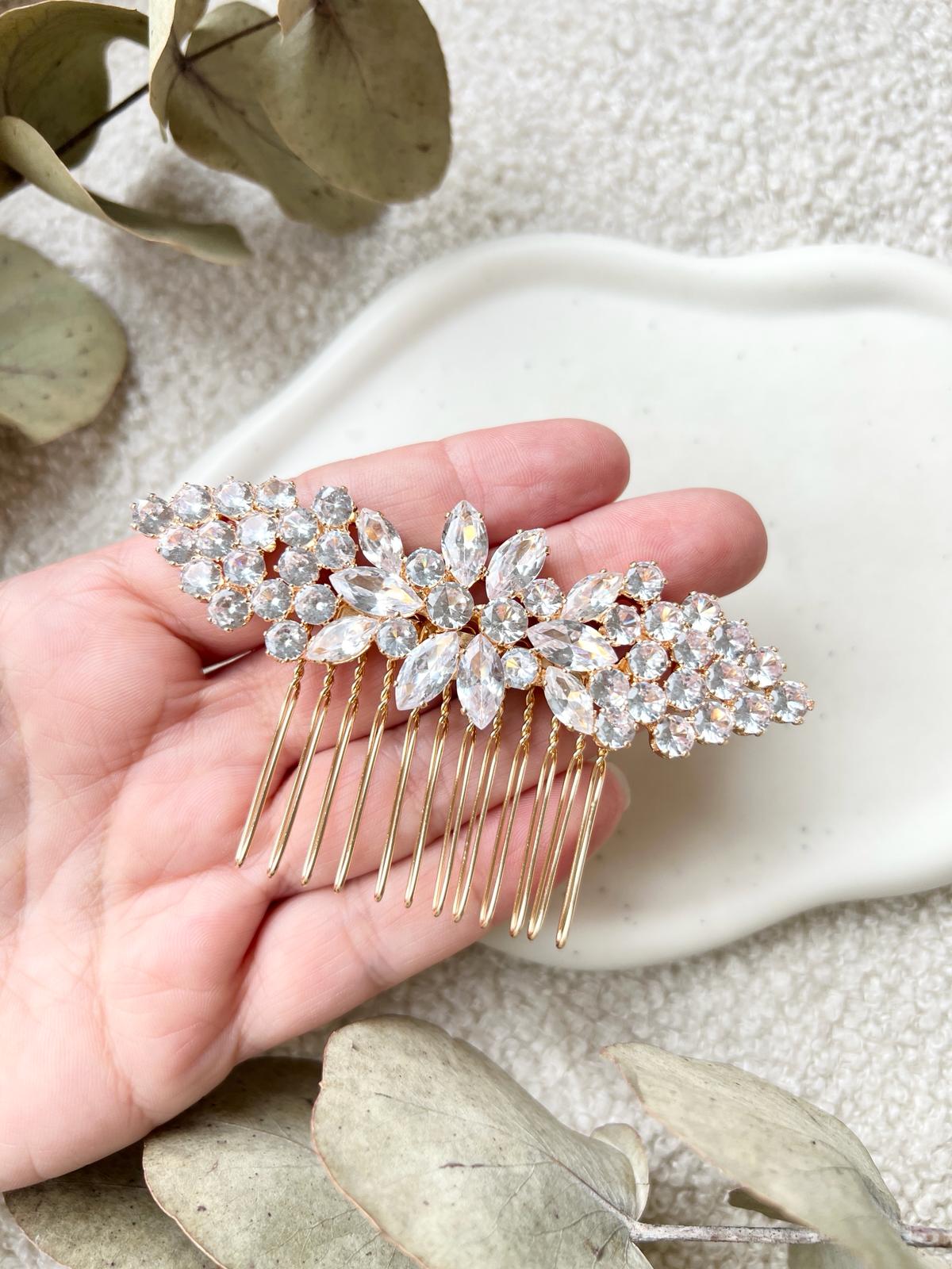 Haarschmuck, Gold, feiner Strass-Haarkamm, eleganter Brautschmuck