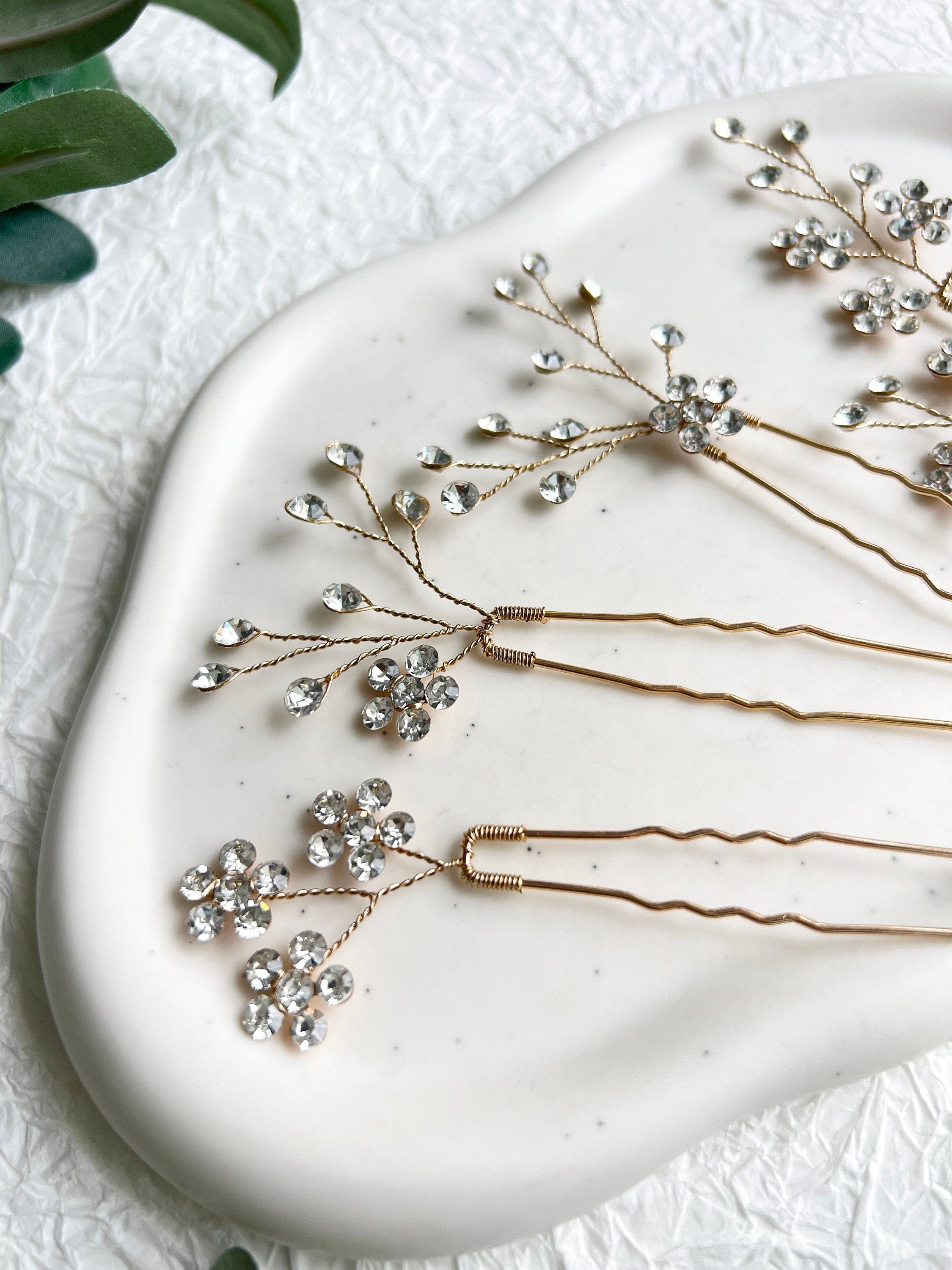 Haarnadeln, Gold, Set 5 Stück, Schmuckset, Brautschmuck mit Blumen, gänzende Strass Steine, Haarschmuck Braut, Schmuck Hochzeit