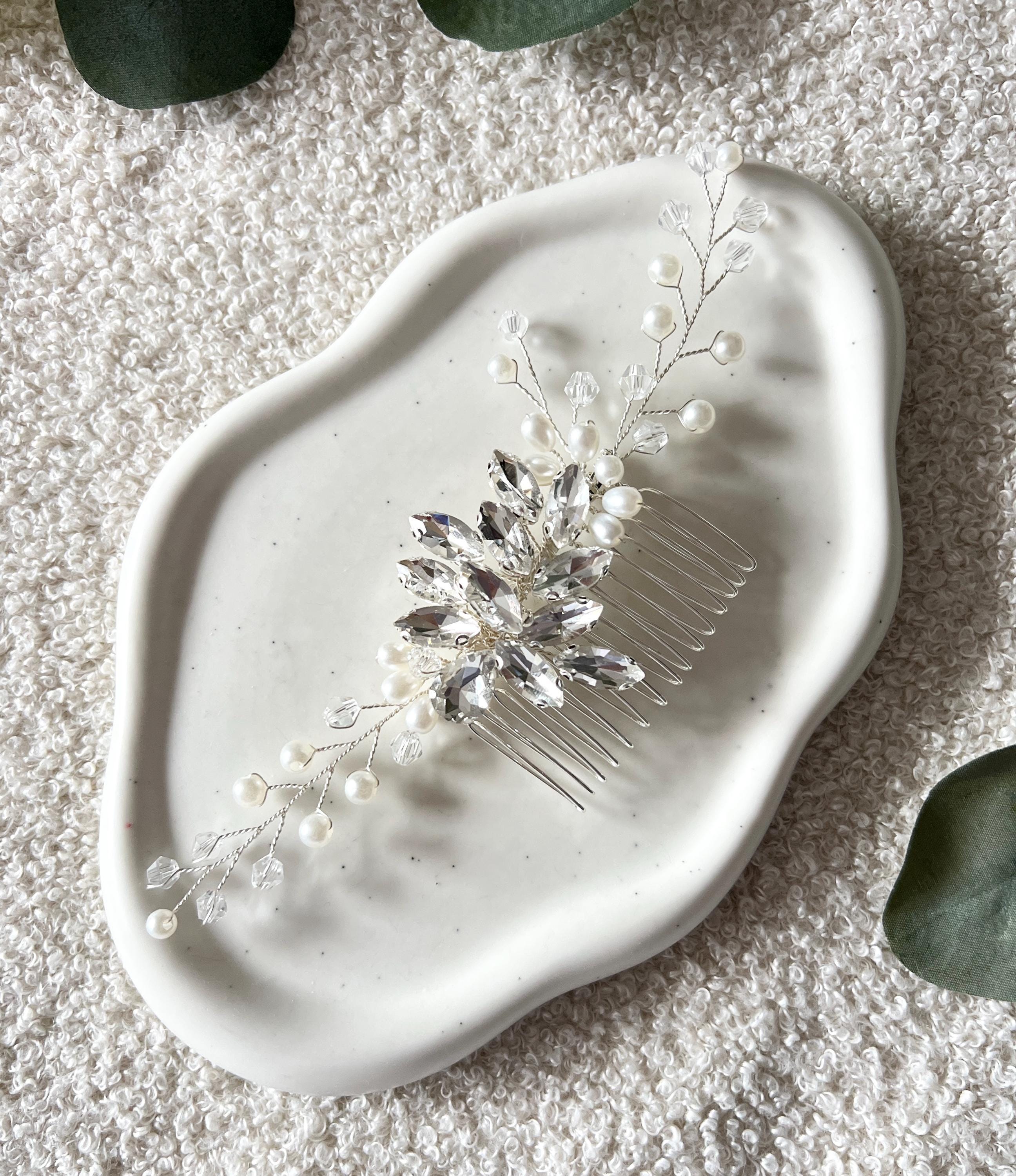 Haarkamm, Silber, weiße Perlen, glänzende Strass Steine, Brautschmuck, Haarschmuck Standesamt, Braut, Brautfrisur