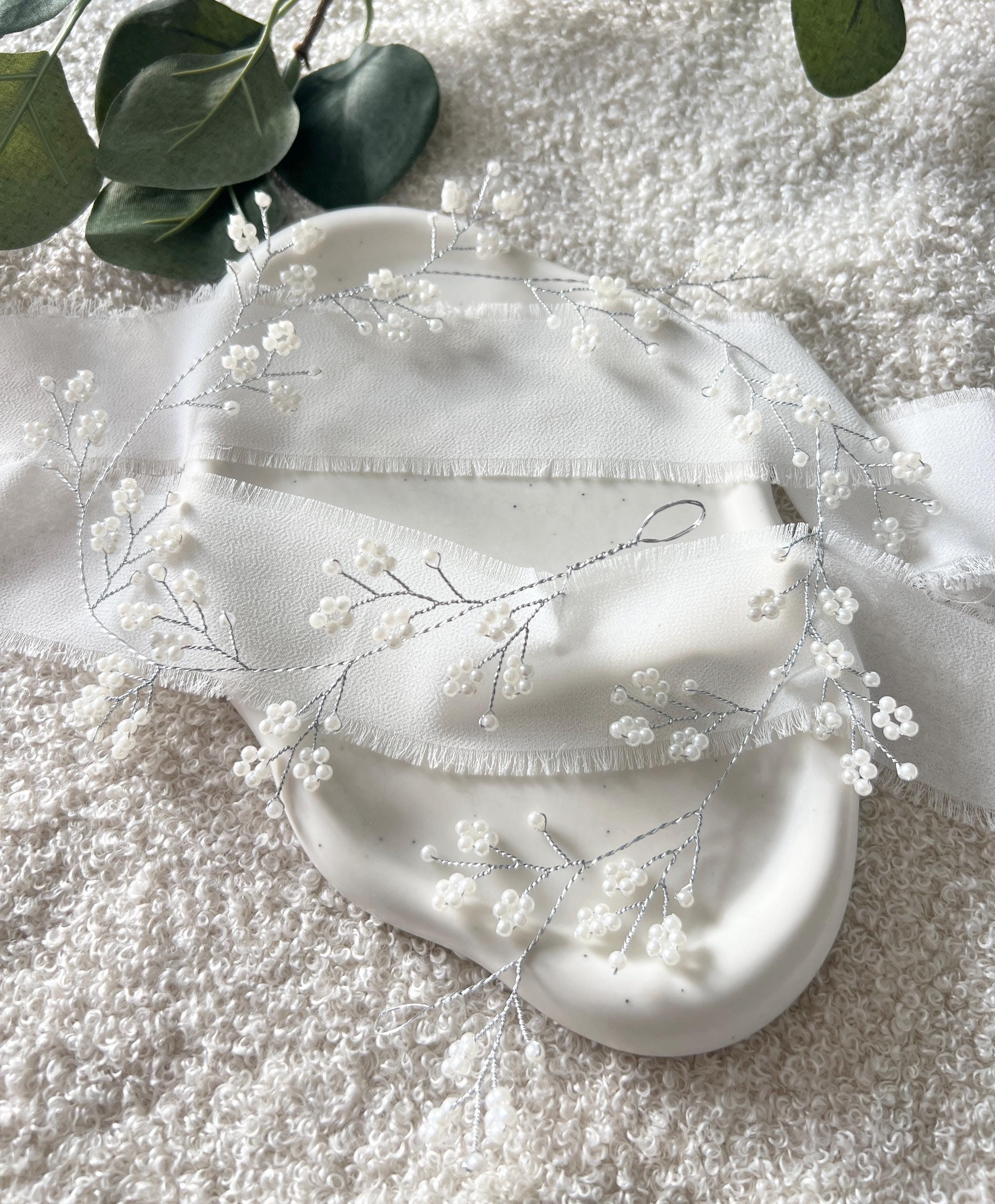 Haarranke, weiße Perlen, Silber, Brautschmuck, Perlenschmuck, Braut, Haarschmuck, Haarrebe, Haarkranz, Haarband, Schmuck Hochzeit