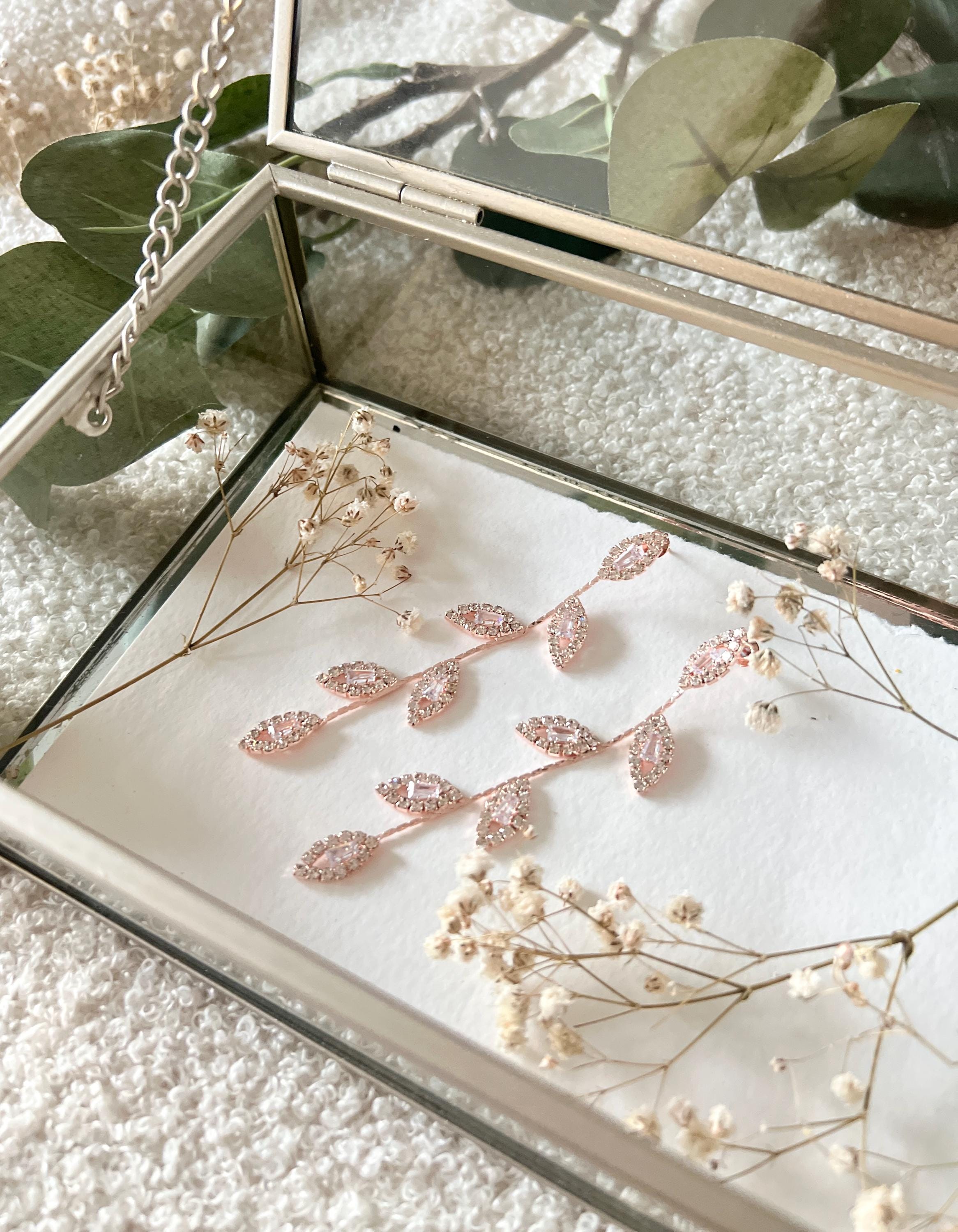 Lange Ohrringe, Brautohrringe, Roségold, Strasssteine, glänzende Brautohrringe, Brautschmuck, Schmuck Hochzeit, Brautjungfer, Hängeohrringe, Blätter