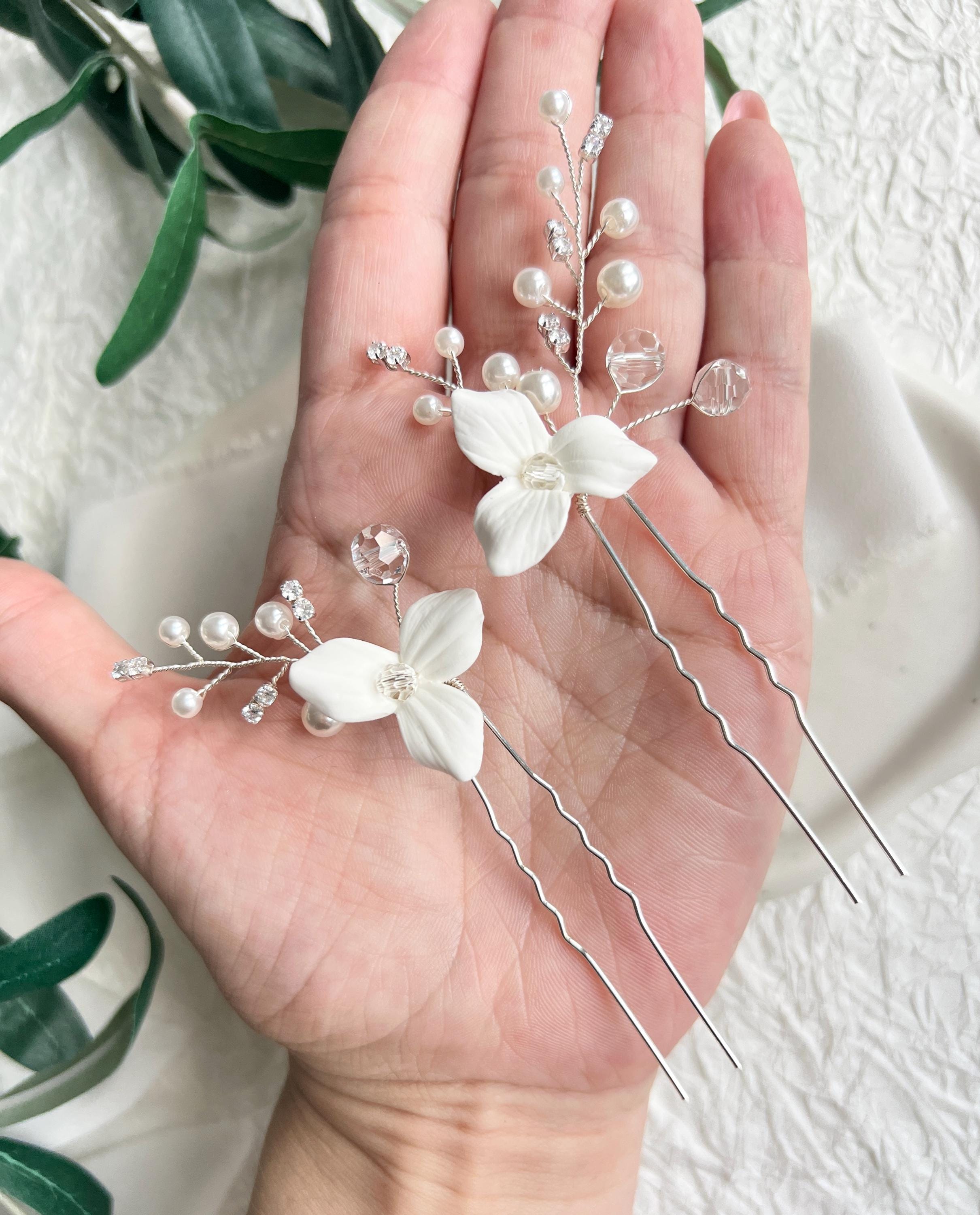 Haarnadeln, Set 2 Stück, weiße Blumen, Blüten, Haarschmuck, Brautschmuck, Perlen, Perlenschmuck, Brautset, Braut, Schmuck Hochzeit