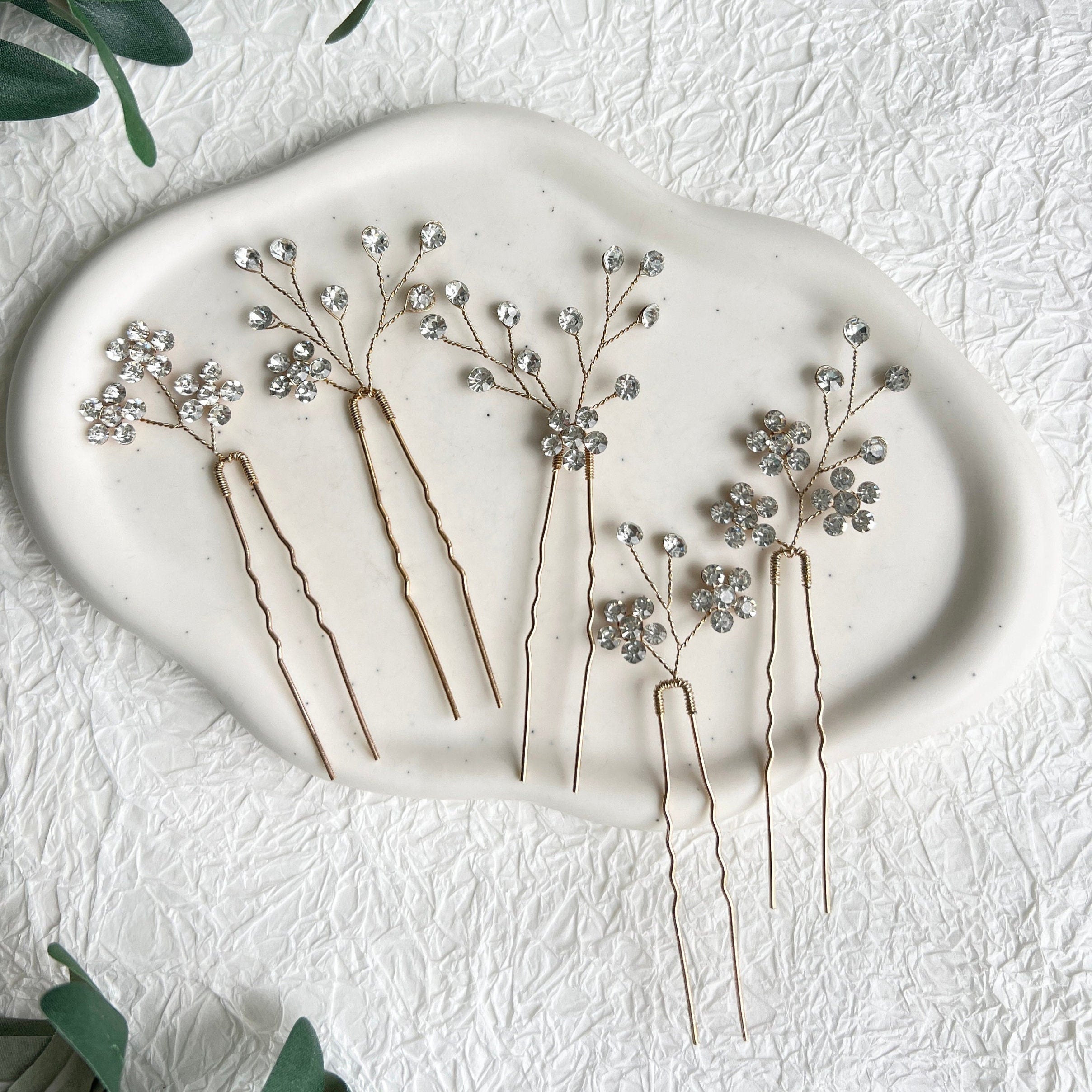 Haarnadeln, Gold, Set 5 Stück, Schmuckset, Brautschmuck mit Blumen, gänzende Strass Steine, Haarschmuck Braut, Schmuck Hochzeit